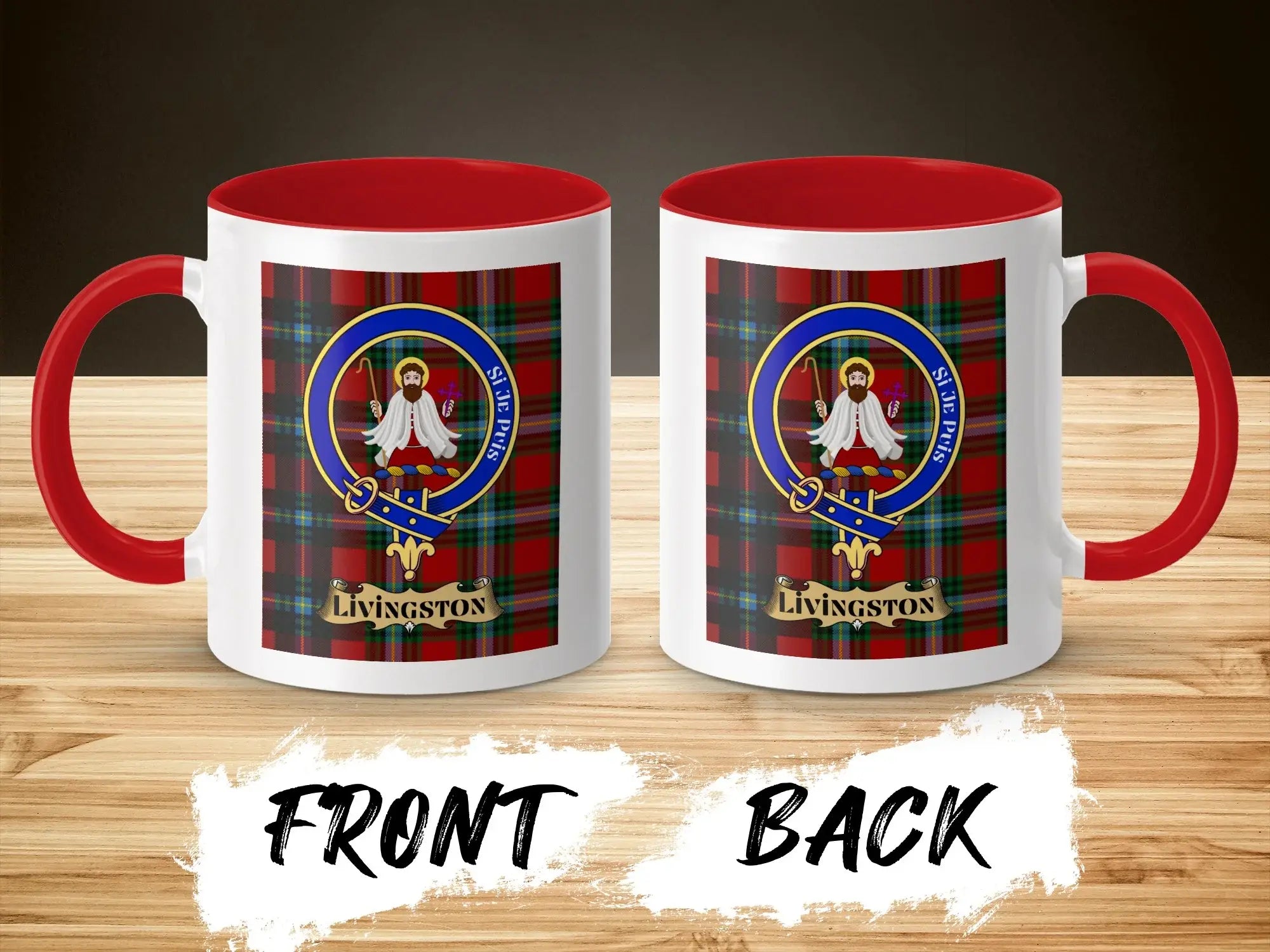 Livingston clan crest mug — red handle, 11 oz, showing front and back tartan crest print