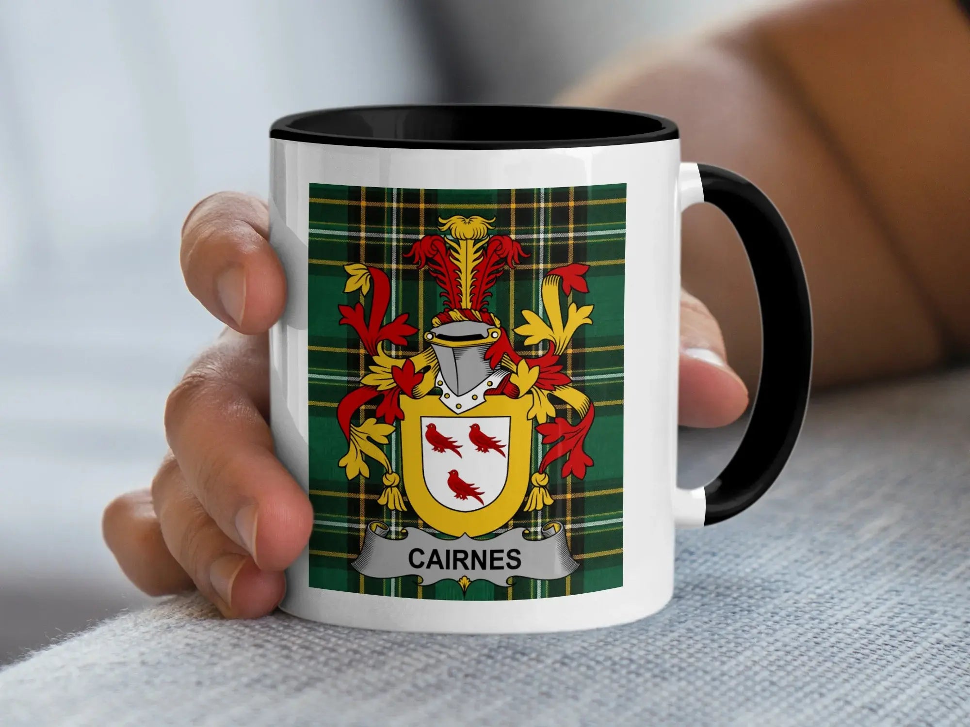 Mug featuring the CARNES family crest on a green tartan background.