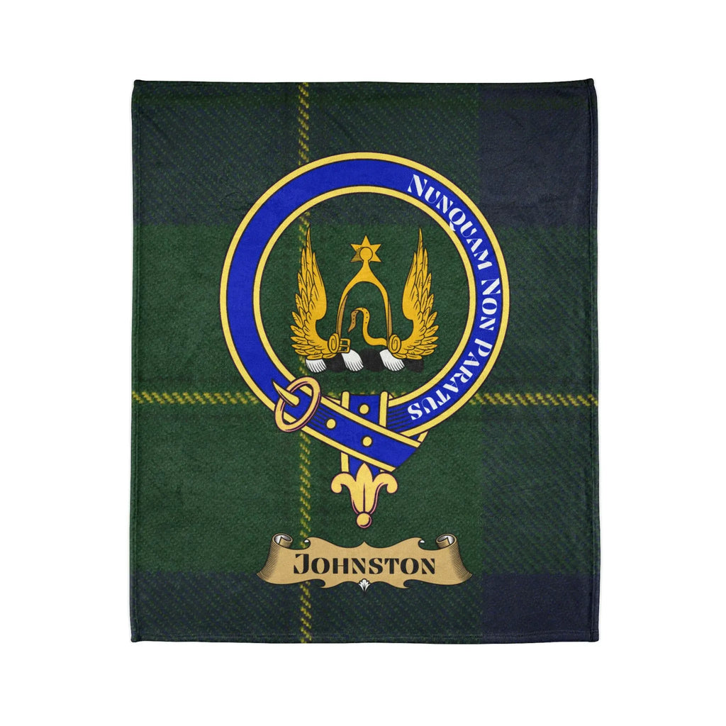 Johnston clan tartan blanket with family crest and Nunquam Non Paratus motto — 50x60 polyester