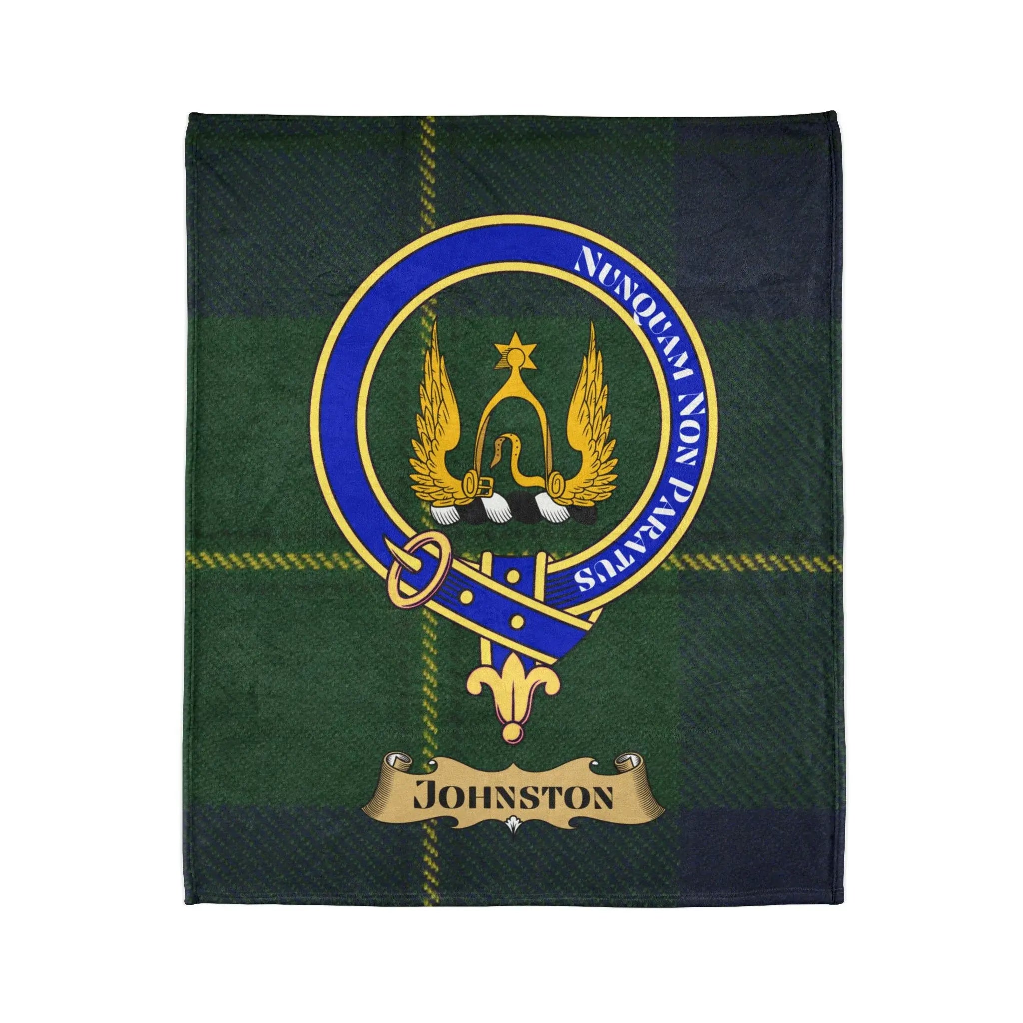 Johnston clan tartan blanket with family crest and Nunquam Non Paratus motto — 50x60 polyester