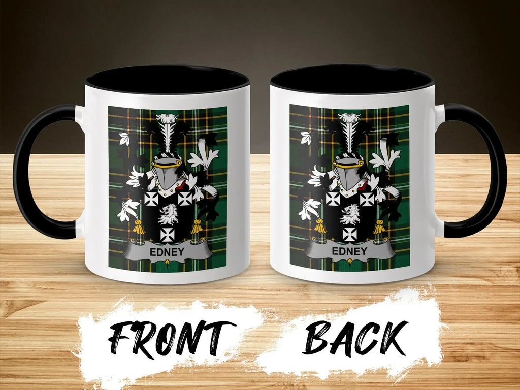 Mug with Edney coat of arms on plaid background, front and back views.