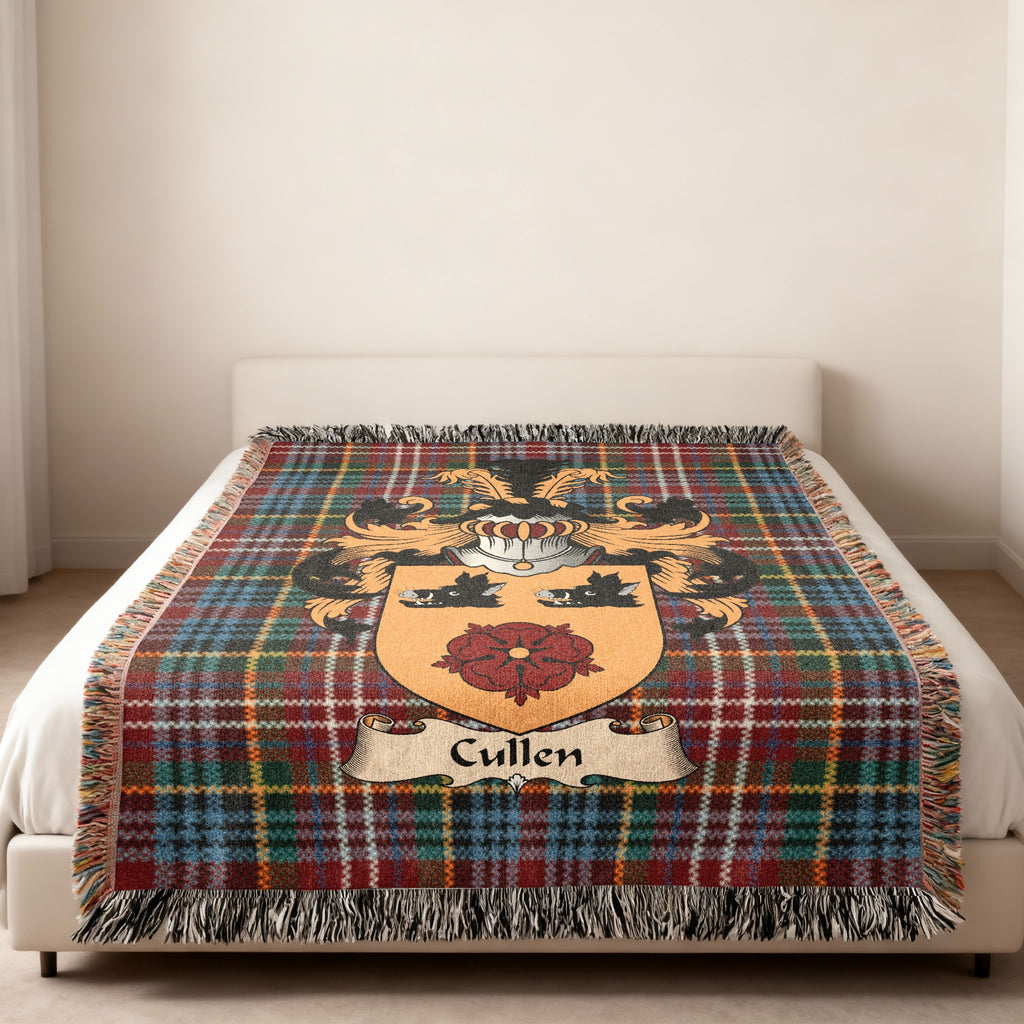 Cullen Scottish family shield woven blanket on a Caledonia tartan background