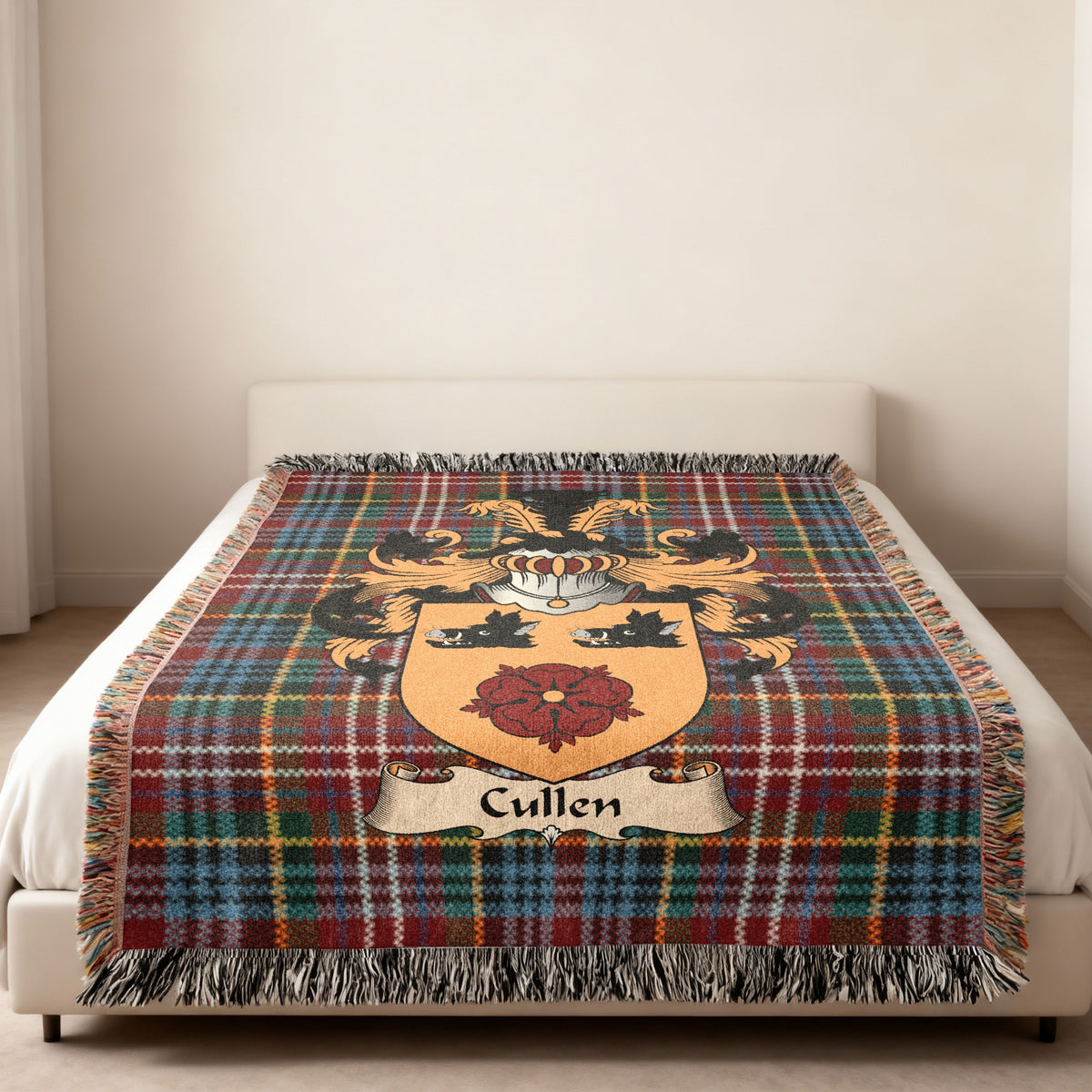 Cullen Scottish family shield woven blanket on a Caledonia tartan background