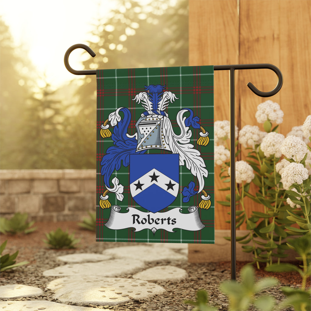 Roberts family crest on a tartan plaid garden flag.