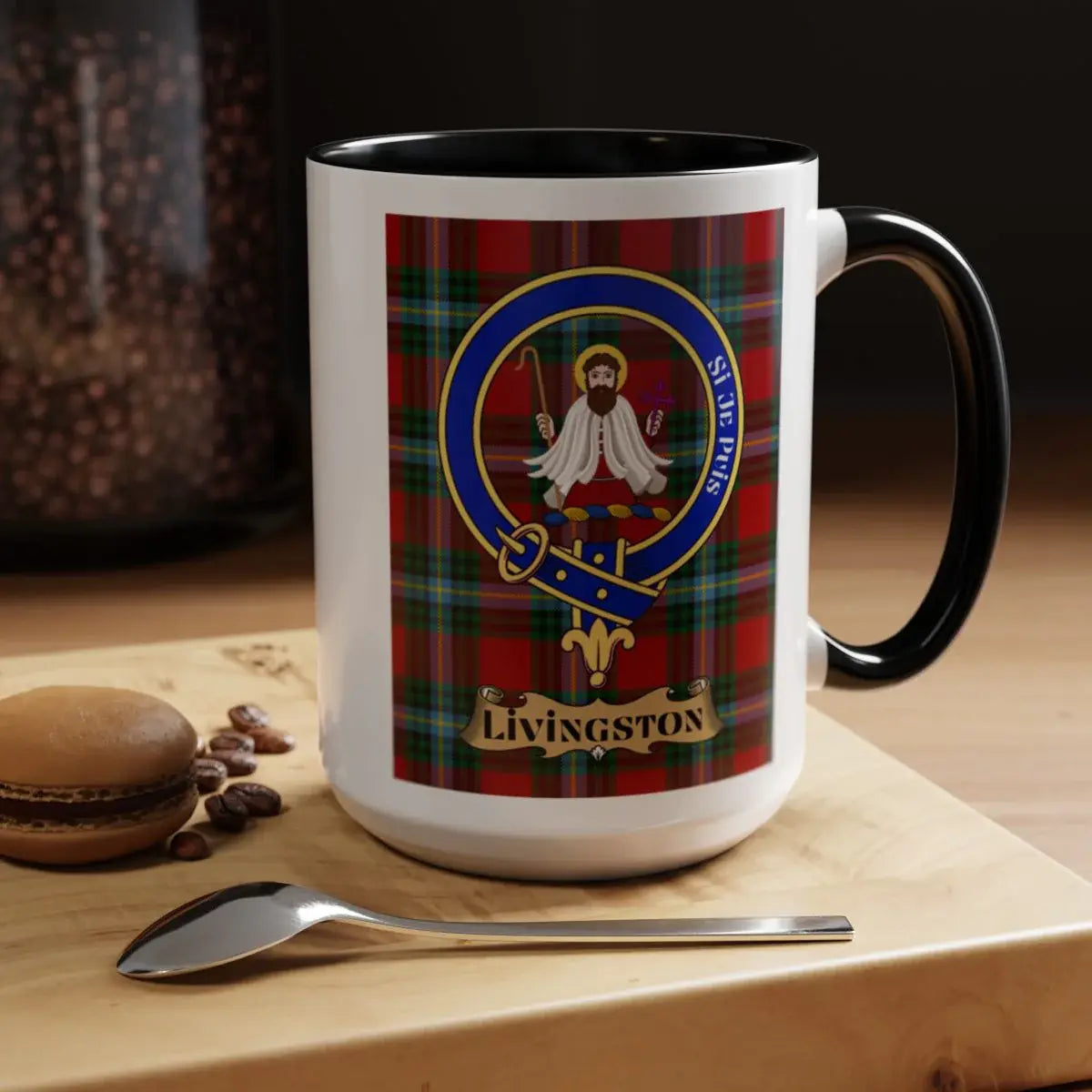 Livingston clan tartan mug — navy handle and interior with colour accent, 11 oz glossy ceramic