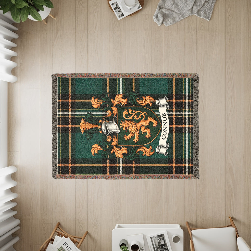 Close-up of Connor family crest design on Irish National Tartan heirloom woven blanket