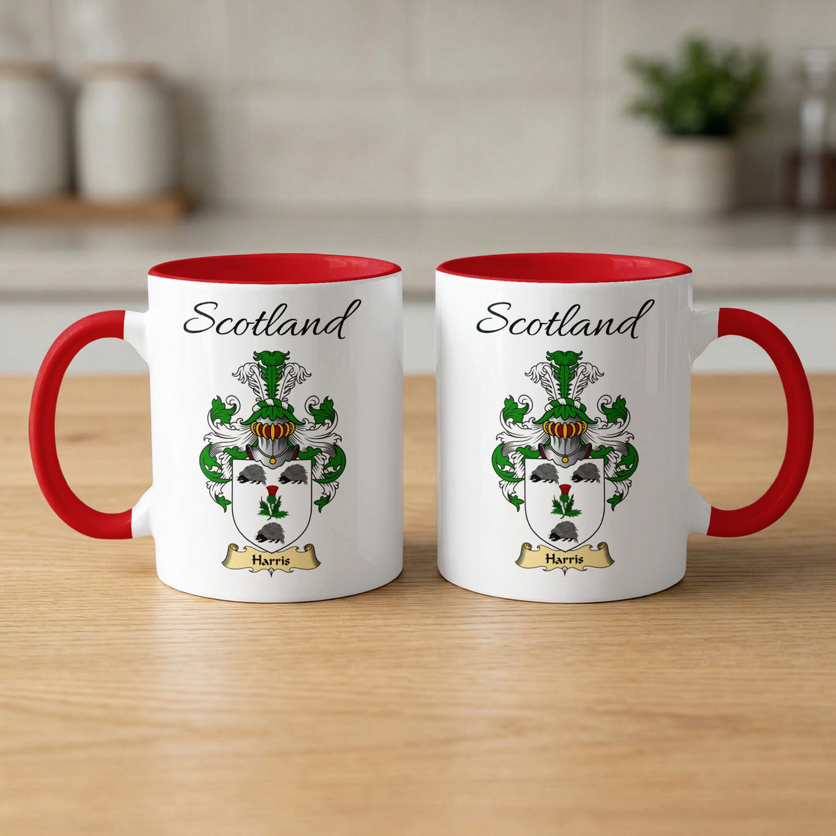 Red-accent Harris Scottish family crest mugs with Scotland above the heraldic shield