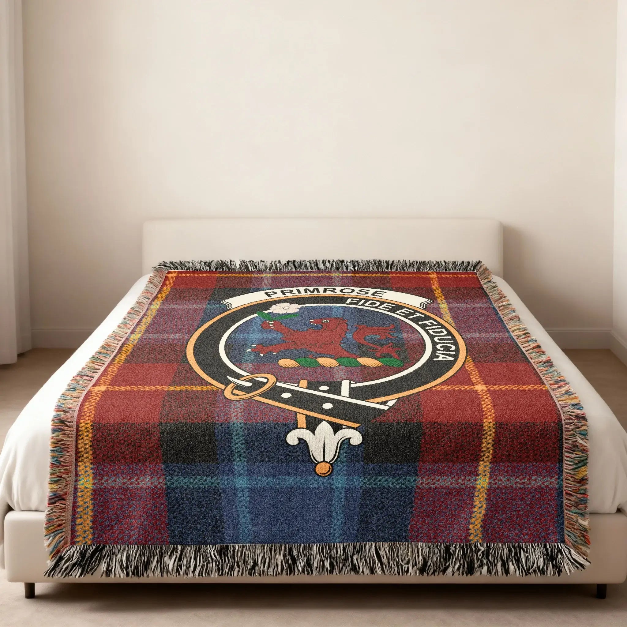 Clan Primrose woven blanket — full view, fide et fiducia crest, 80x60 size