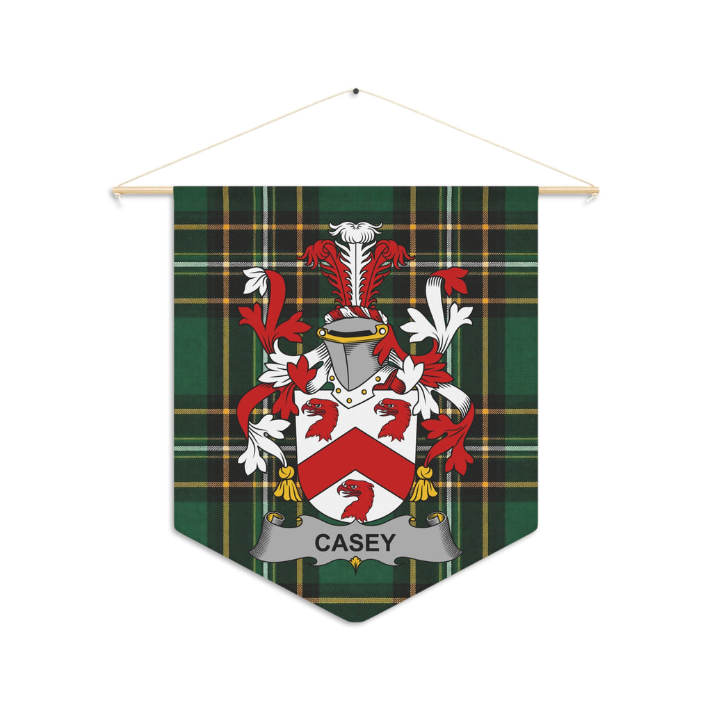 Casey family crest on a green tartan pennant banner hanging from a wooden rod.