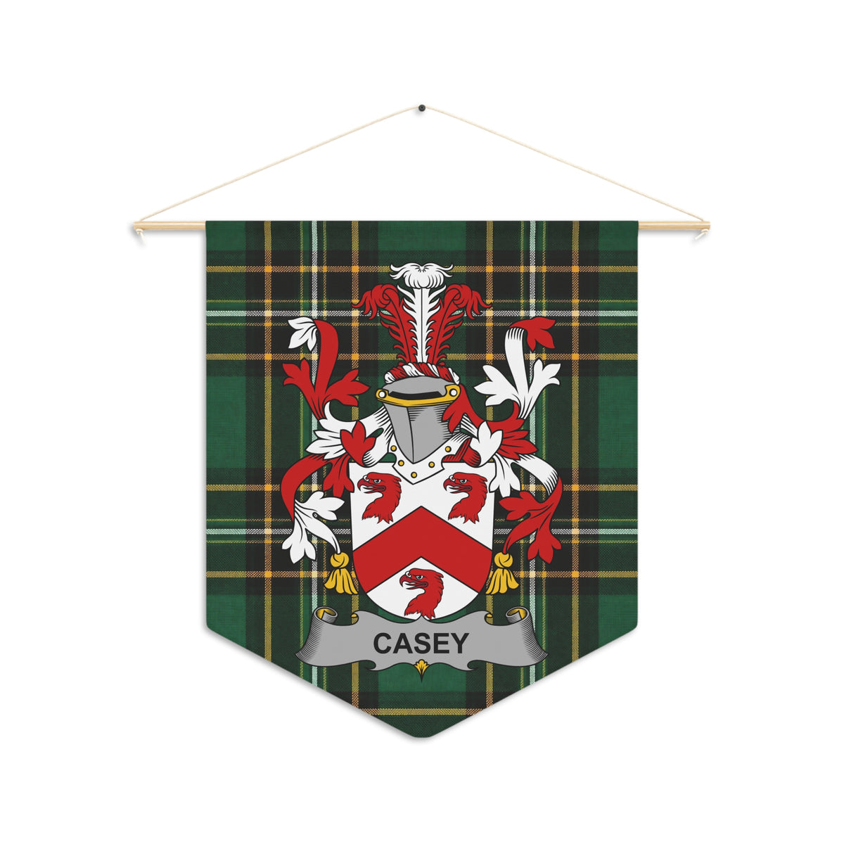 Casey family crest on a green tartan pennant banner hanging from a wooden rod.