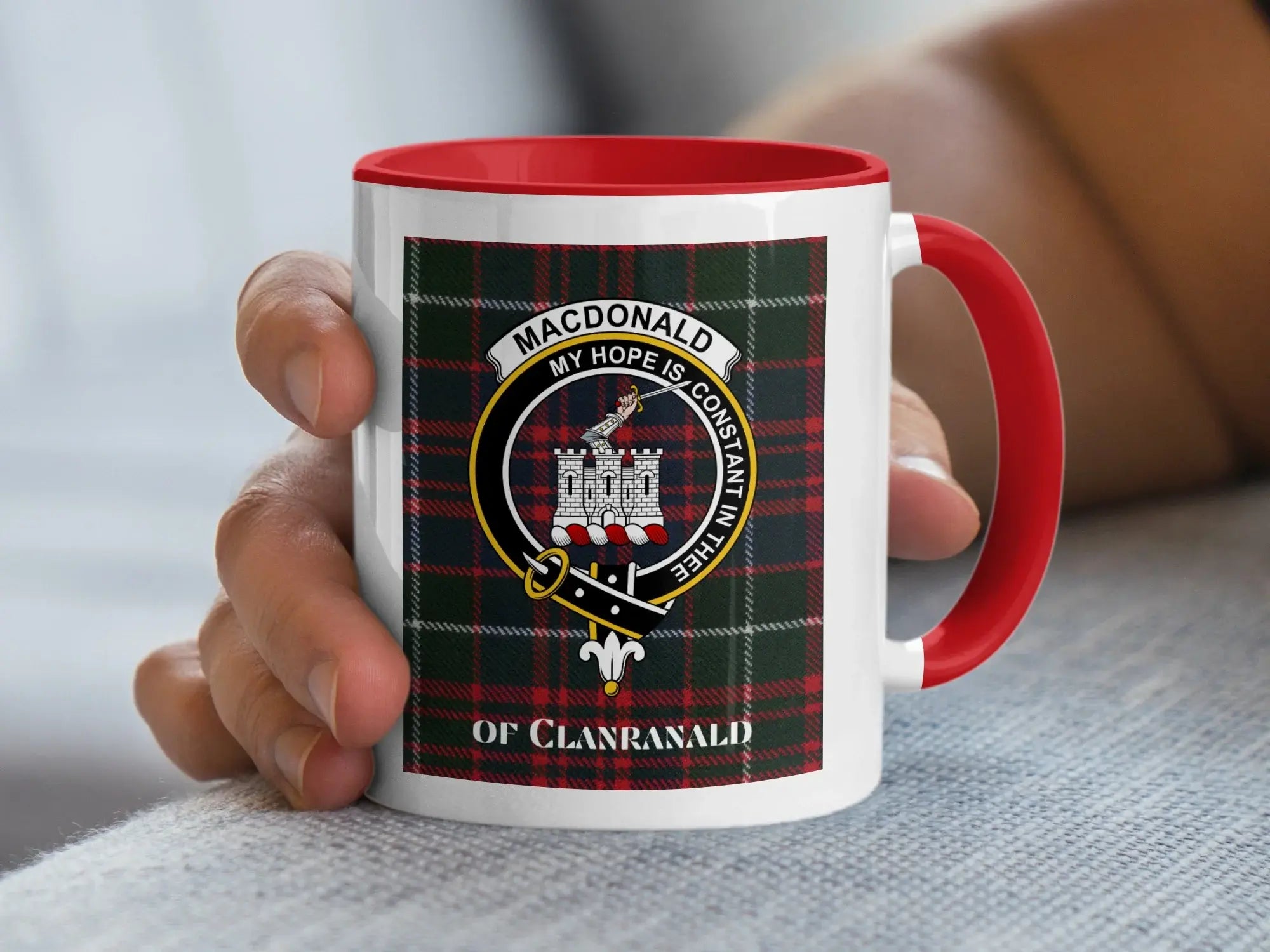MacDonald Clanranald tartan clan crest coffee mug — 11oz ceramic, Scottish heritage