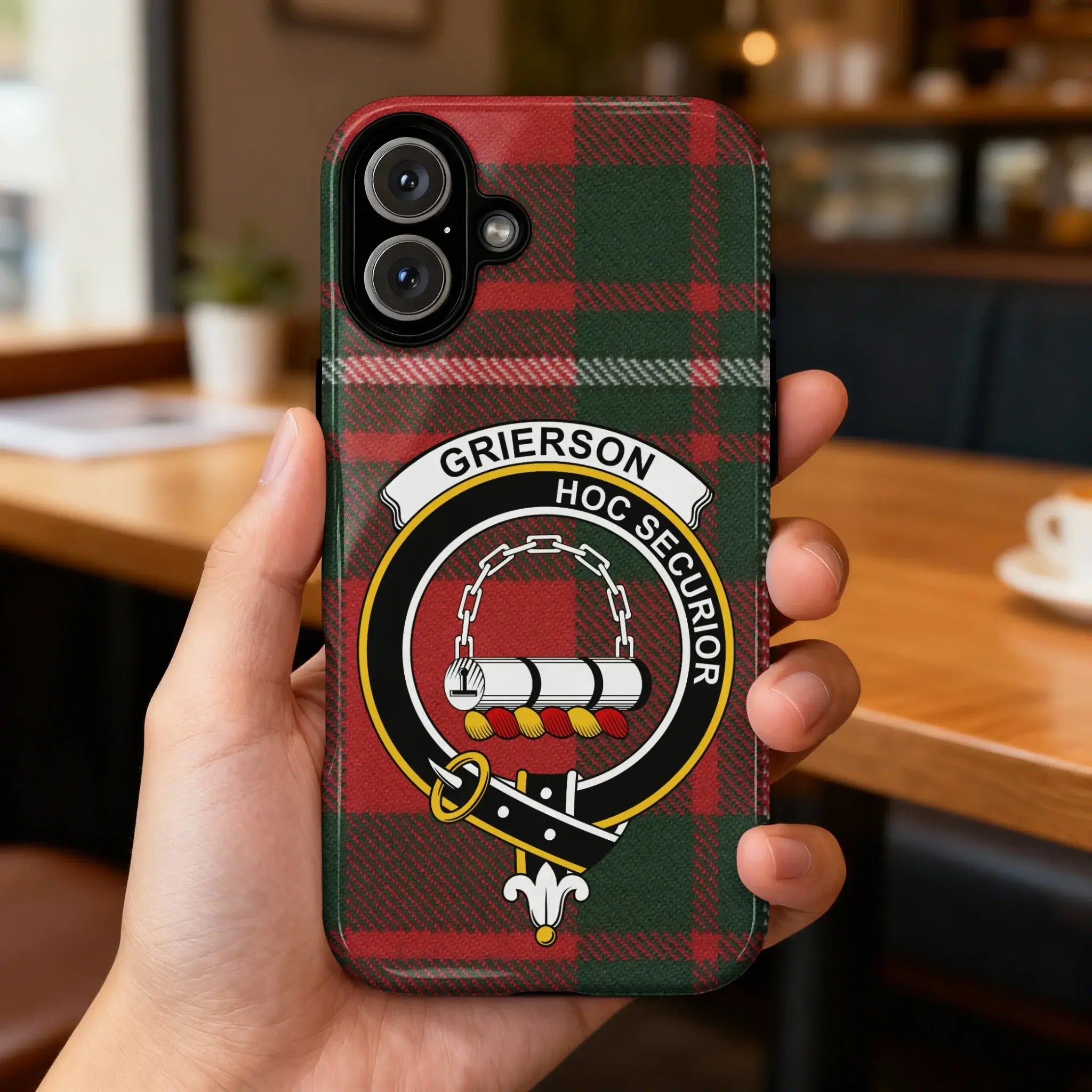 Grierson Tartan Style Phone Case with Clan Crest Design