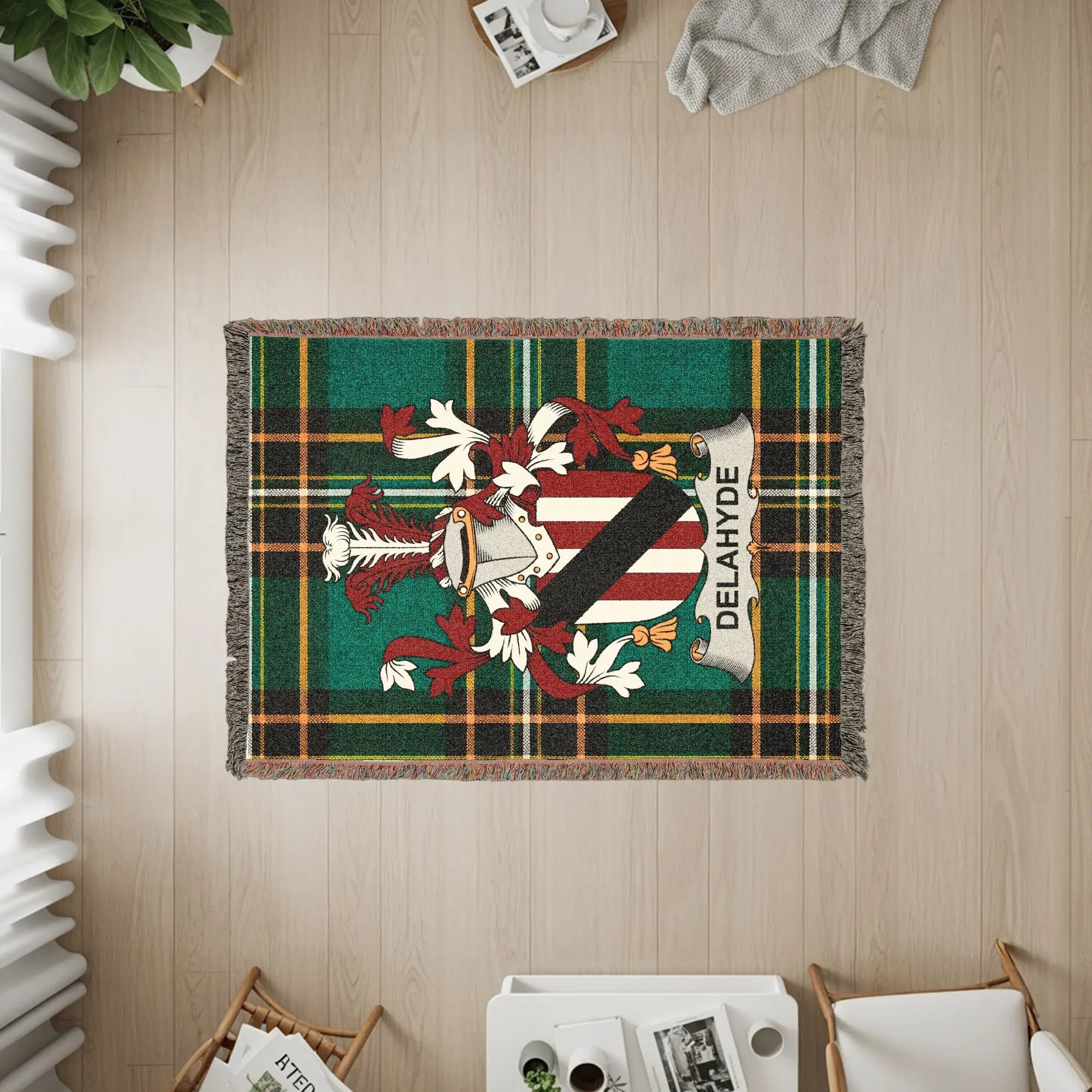 Delahyde Clan Crest Green Plaid Woven Blanket