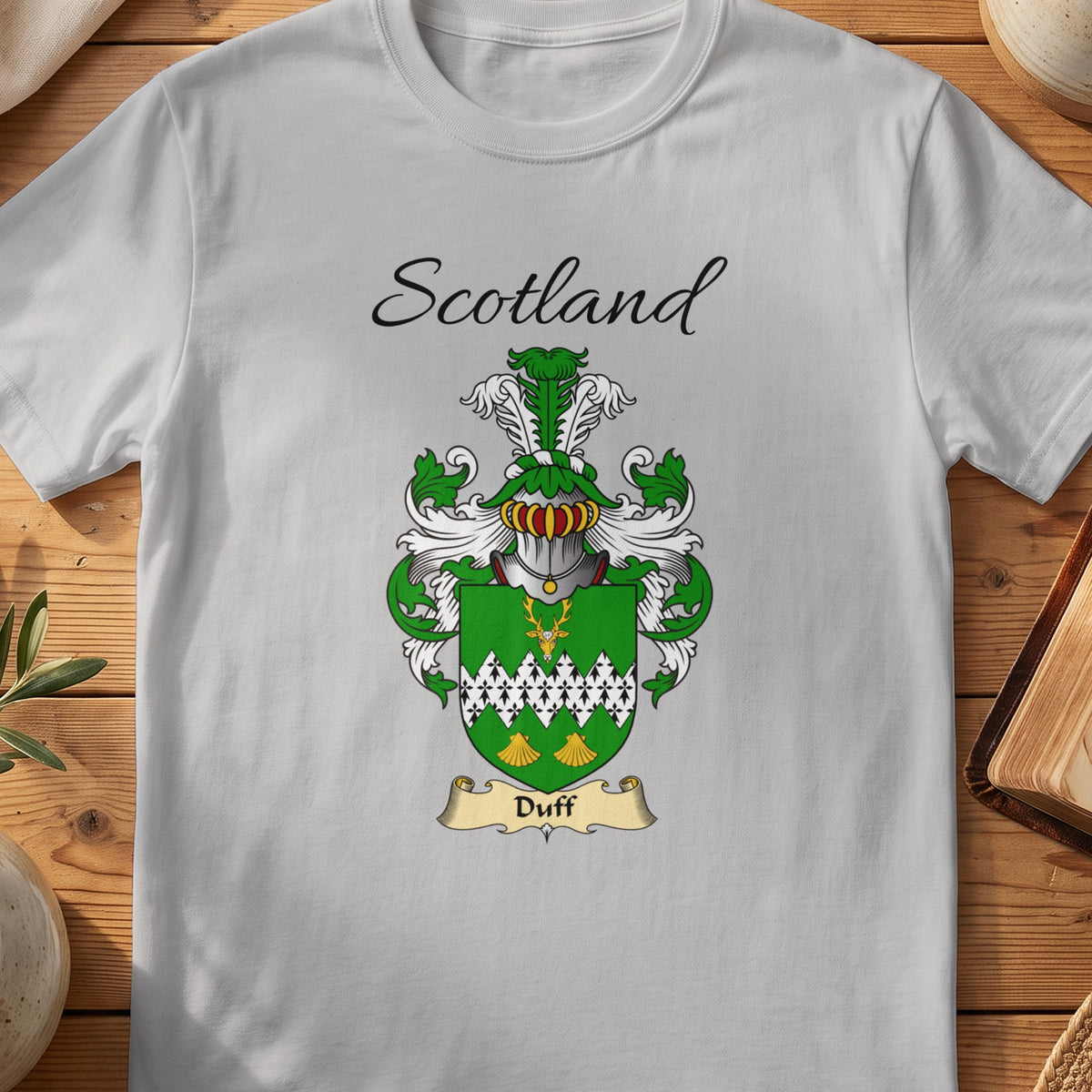 Sport Grey Duff Scottish family shield T-shirt featuring a green shield with a white patterned band