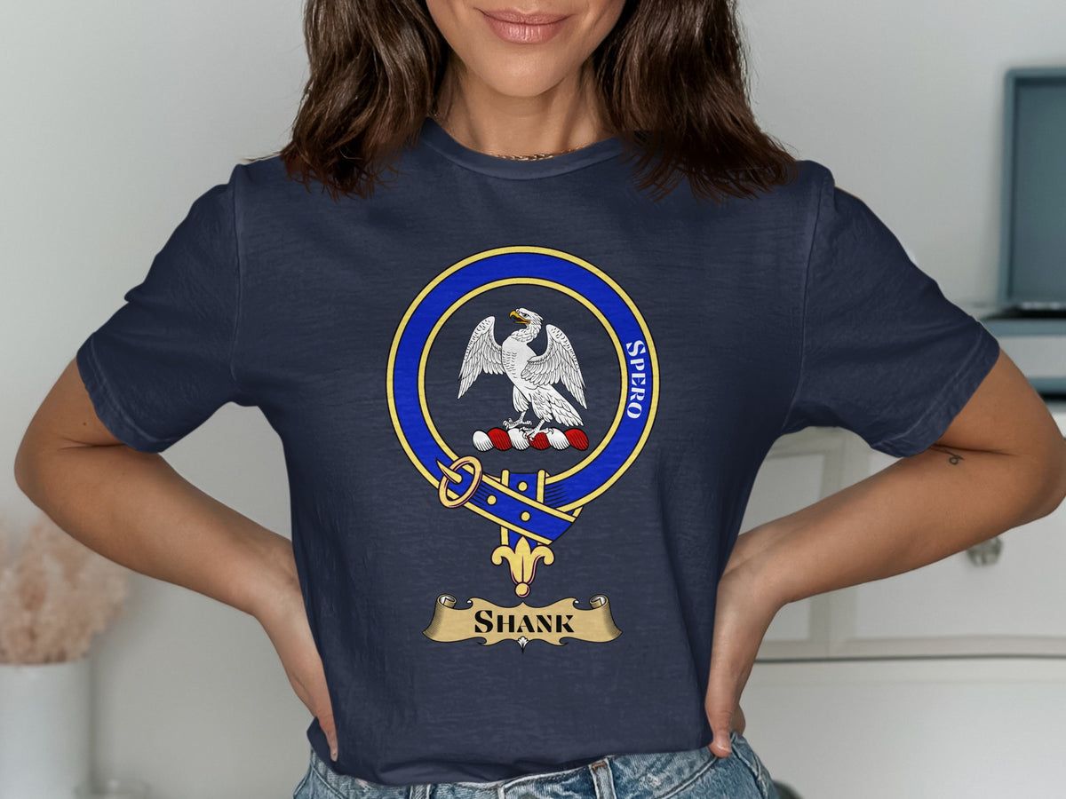 Shank Scottish clan crest design on Navy T-shirt