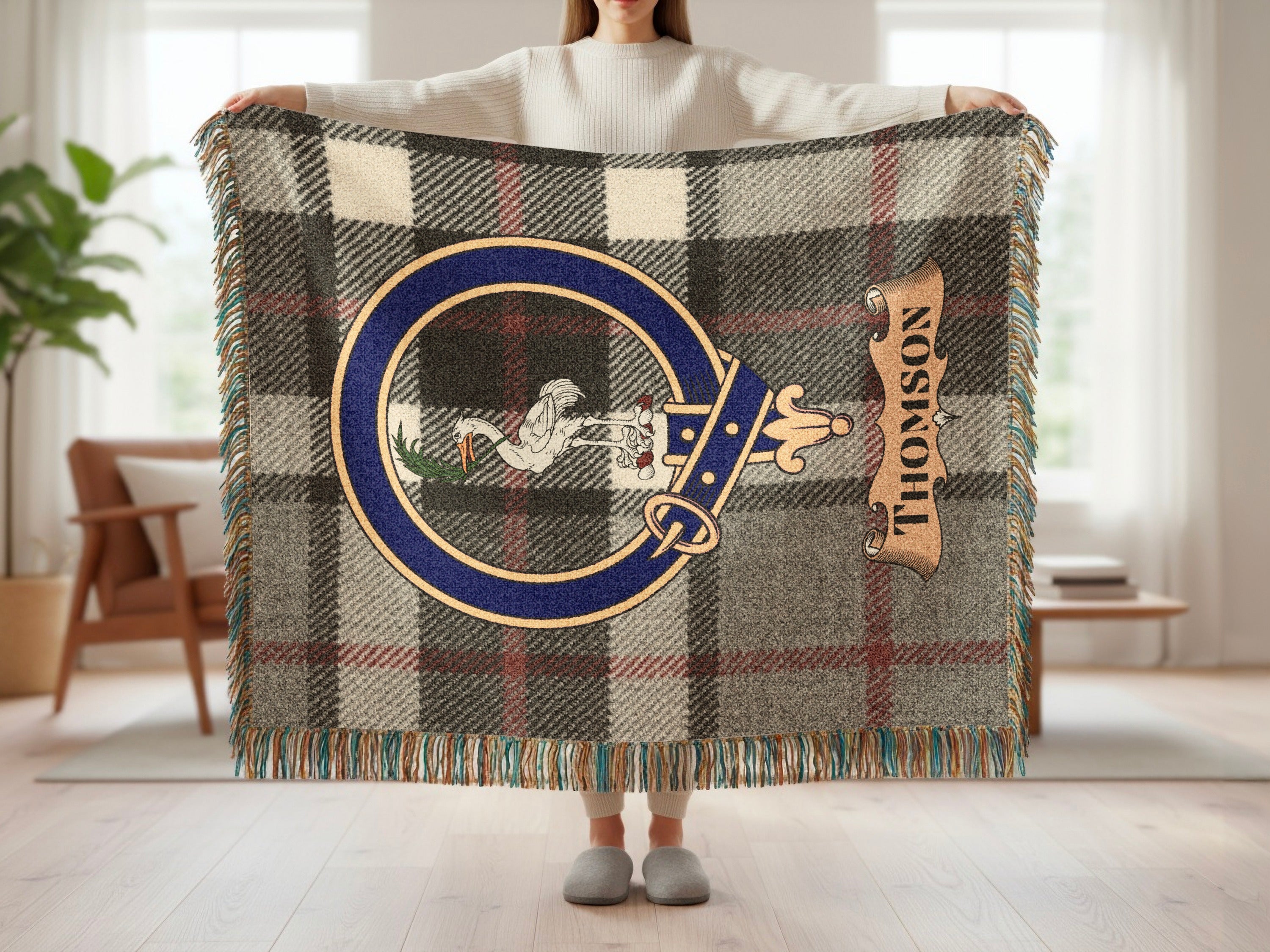 Thomson name and crest woven into tartan blanket — full view