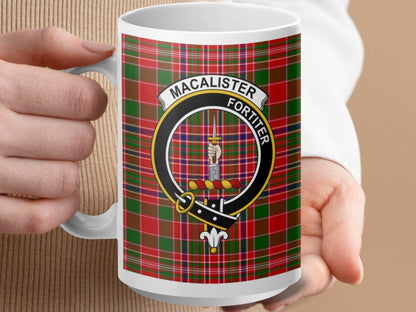 Clan MacAlister Fortiter Crest Plaid Tartan Design Mug - Living Stone Gifts