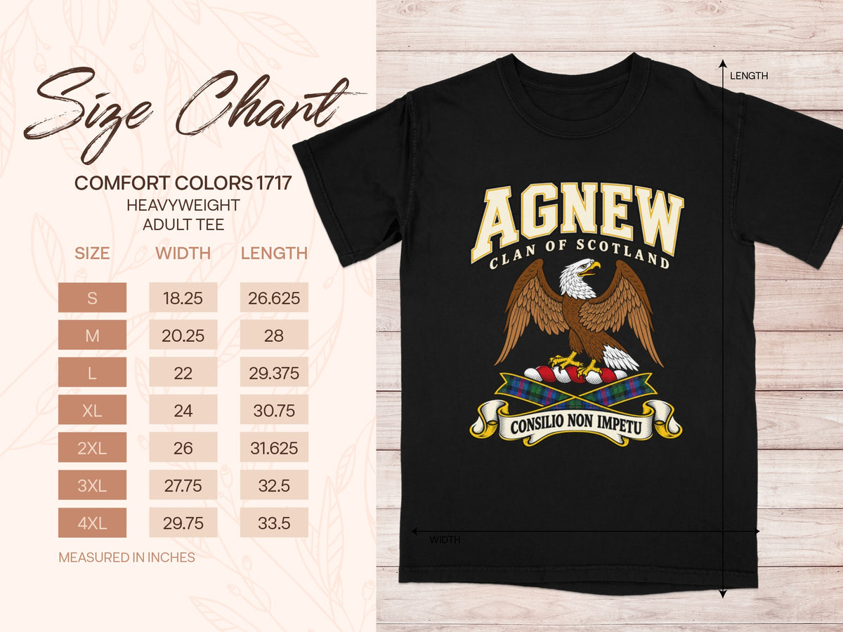 Comfort Colors 1717 size chart in inches with a black Agnew clan crest T-shirt preview