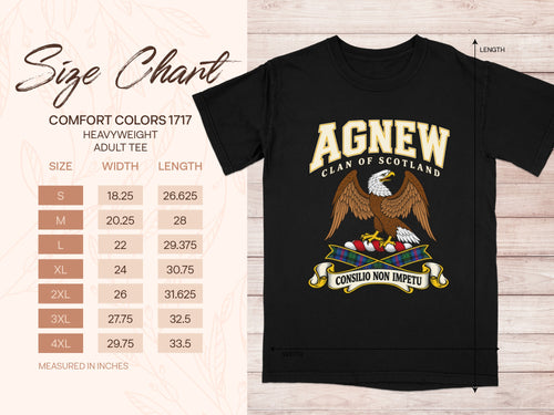 Comfort Colors 1717 size chart in inches with a black Agnew clan crest T-shirt preview