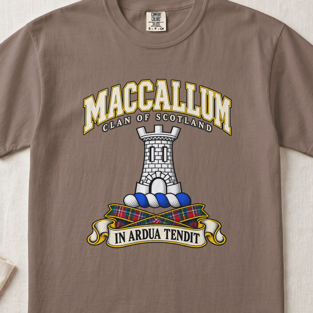 MacCallum Scottish clan T-shirt in Espresso, front view with a silver stone tower and motto design.