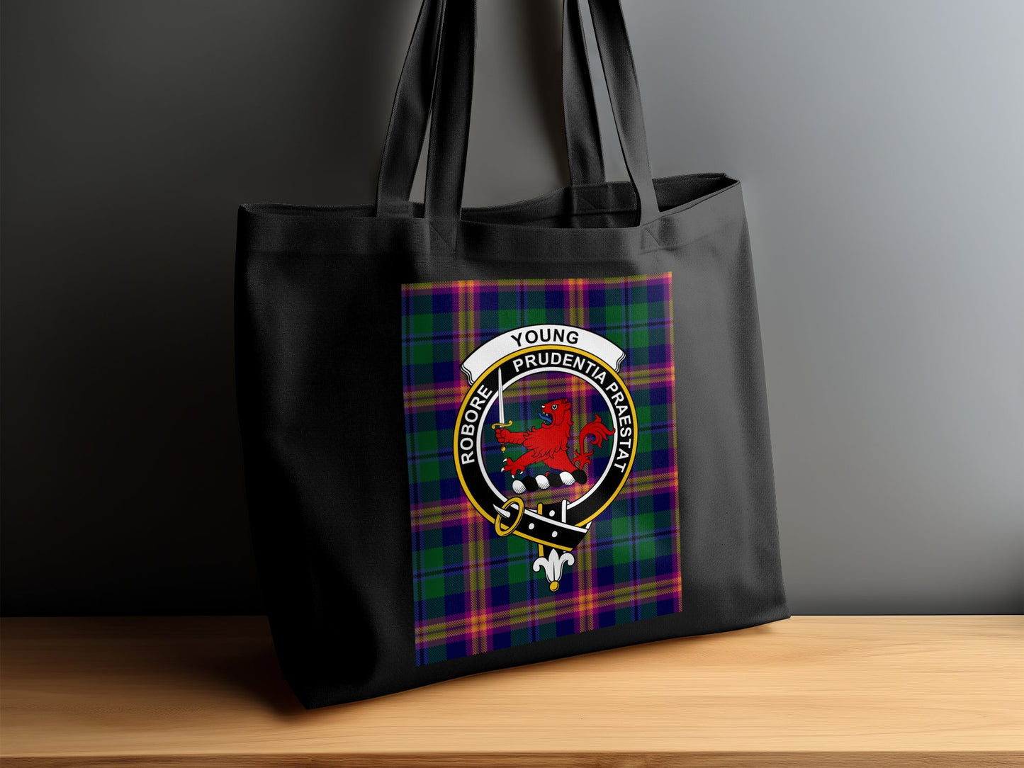 Scottish Clan Crest on Tartan Background Tote Bag - Living Stone Gifts