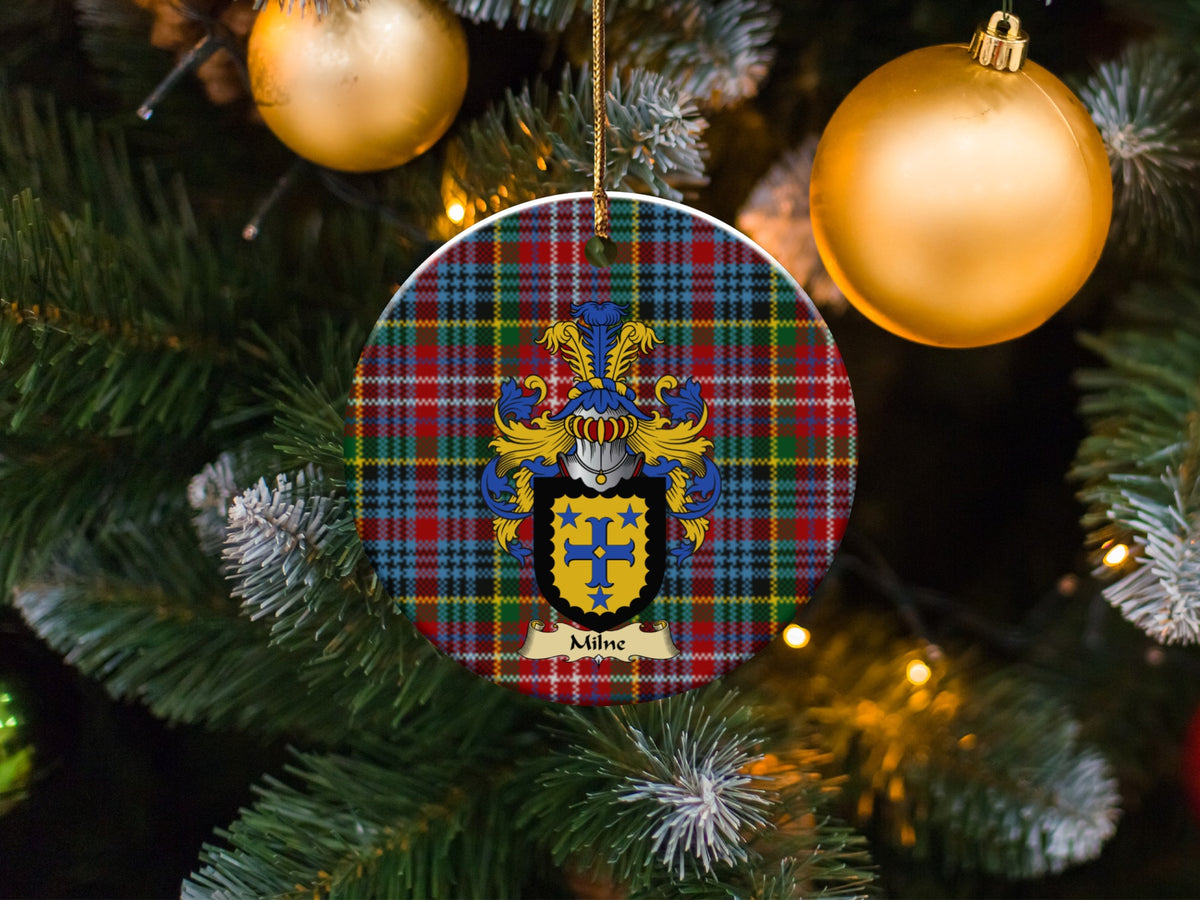Milne family emblem ceramic Christmas ornament with Caledonia tartan background in festive holiday décor