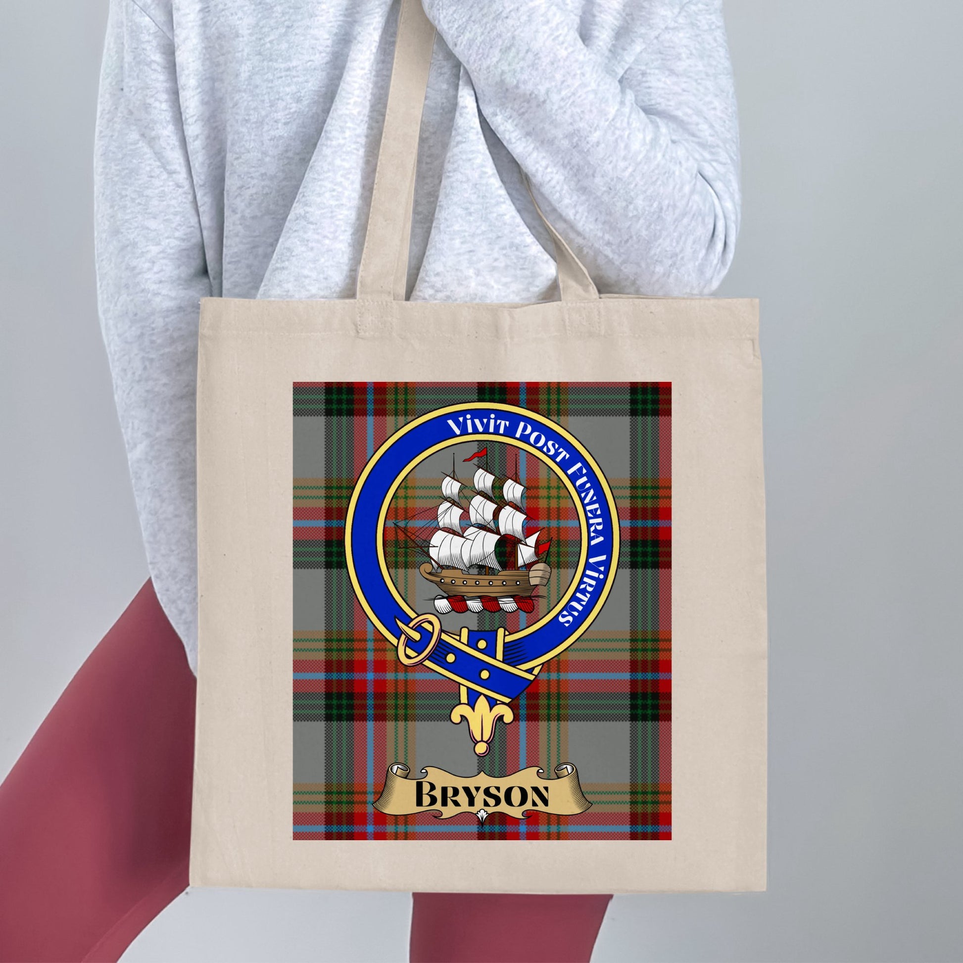 Bryson Clan Crest on Scottish Tartan Background Tote Bag - Living Stone Gifts