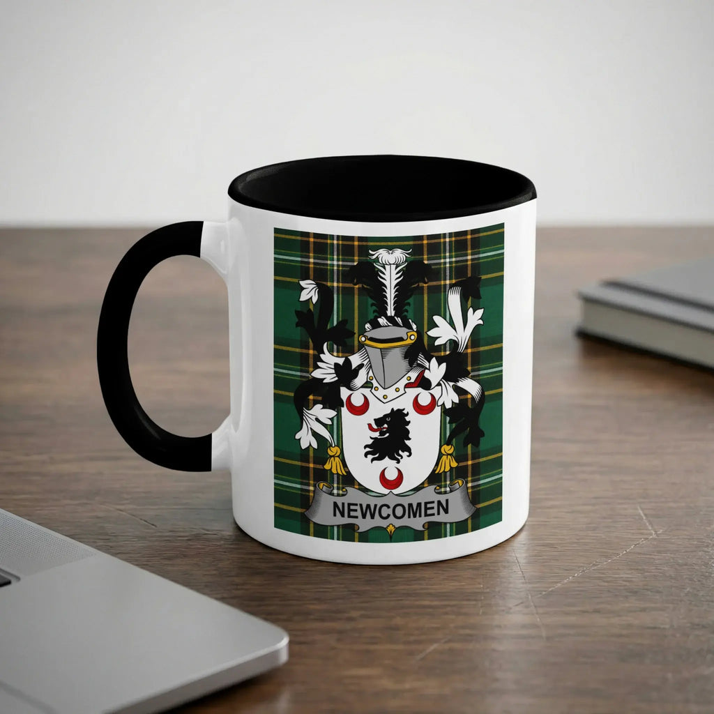 Newcomen black accent mug with family crest on tartan background