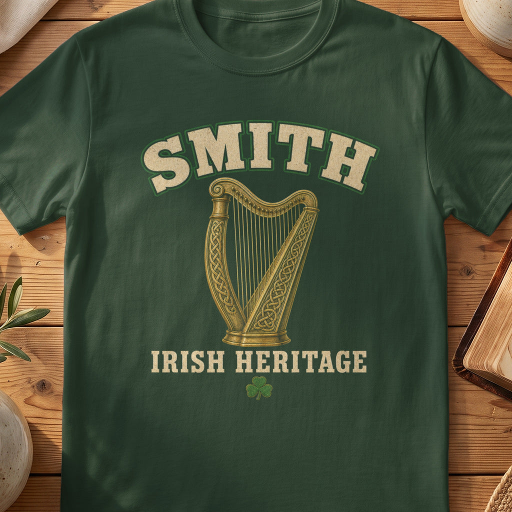 Smith Irish harp T-shirt in Forest Green, with cream surname lettering, a gold-toned harp, green shamrock and “Irish Heritage” text.