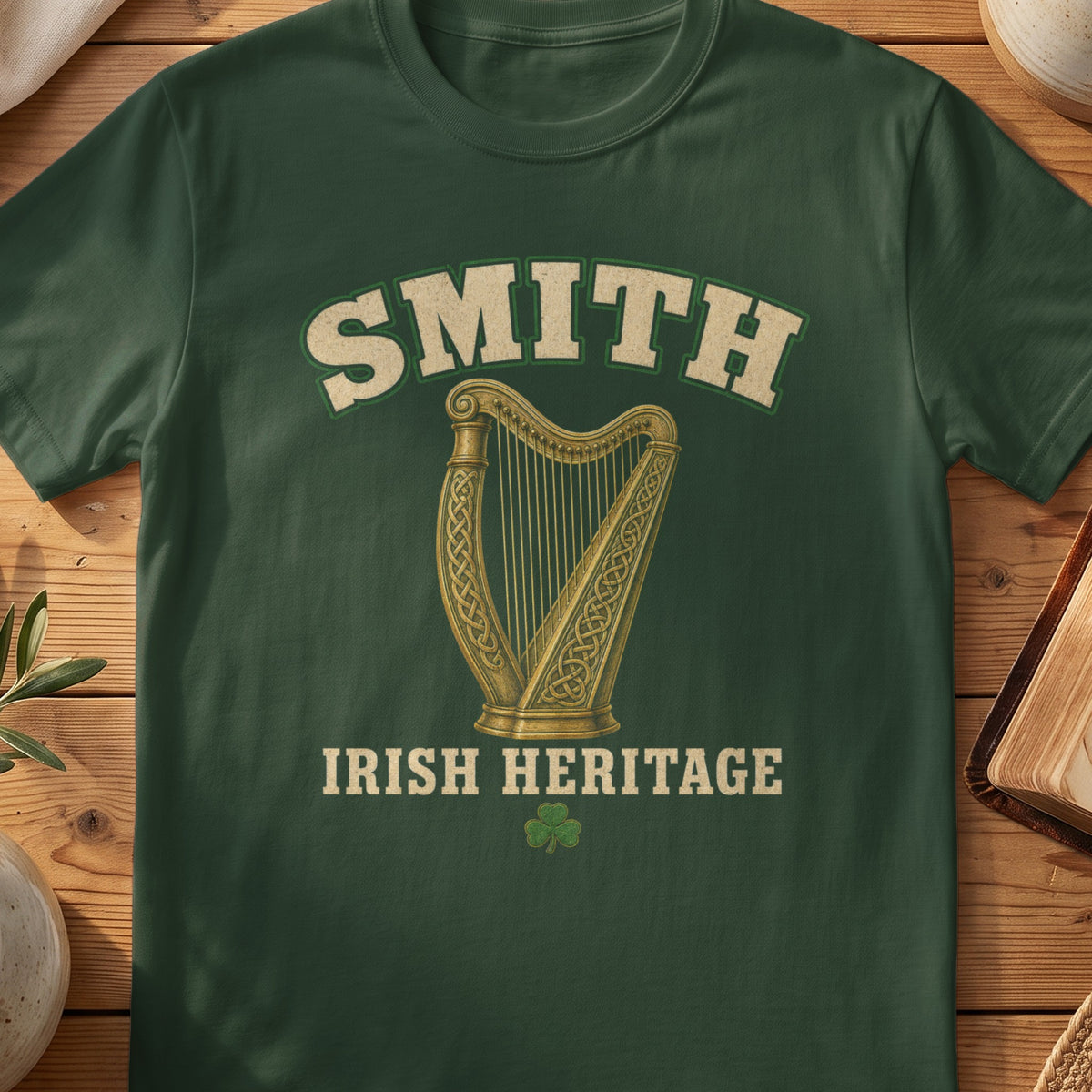 Smith Irish harp T-shirt in Forest Green, with cream surname lettering, a gold-toned harp, green shamrock and “Irish Heritage” text.
