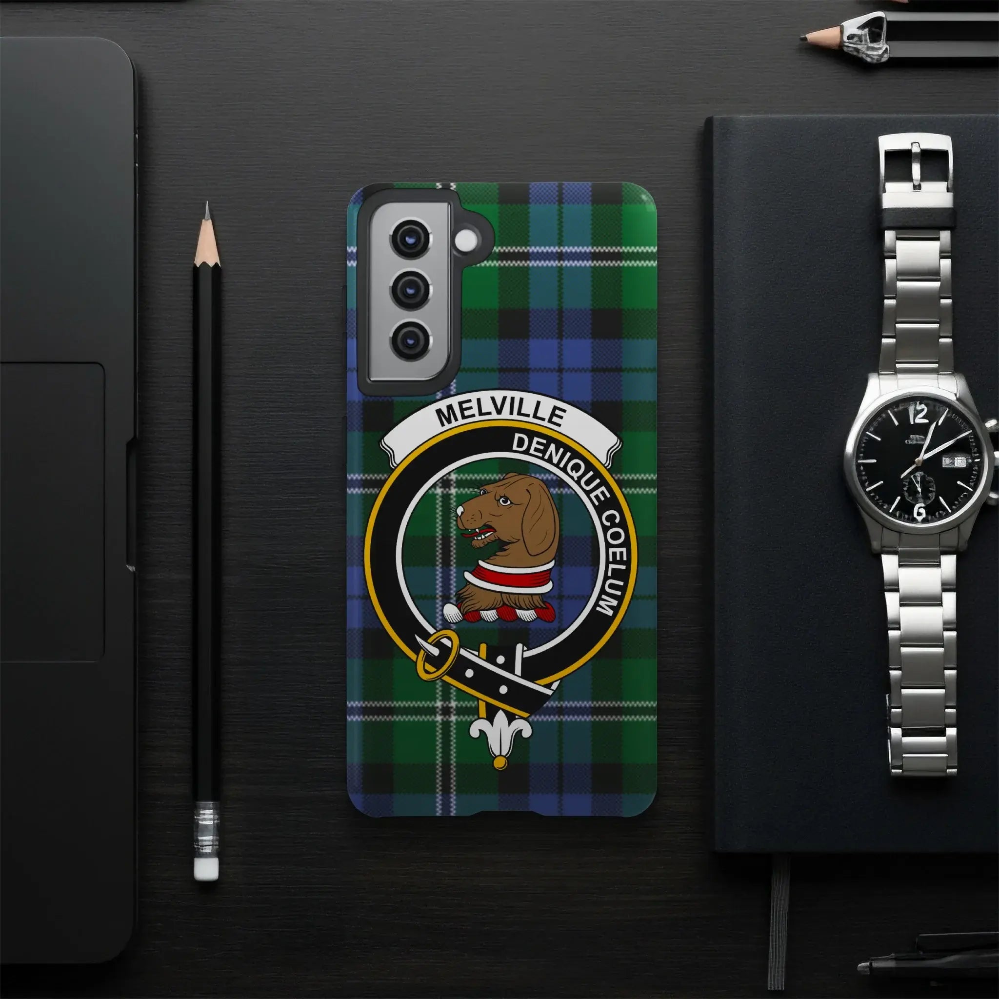 Melville clan crest phone case — edge-to-edge tartan print on slim glossy case