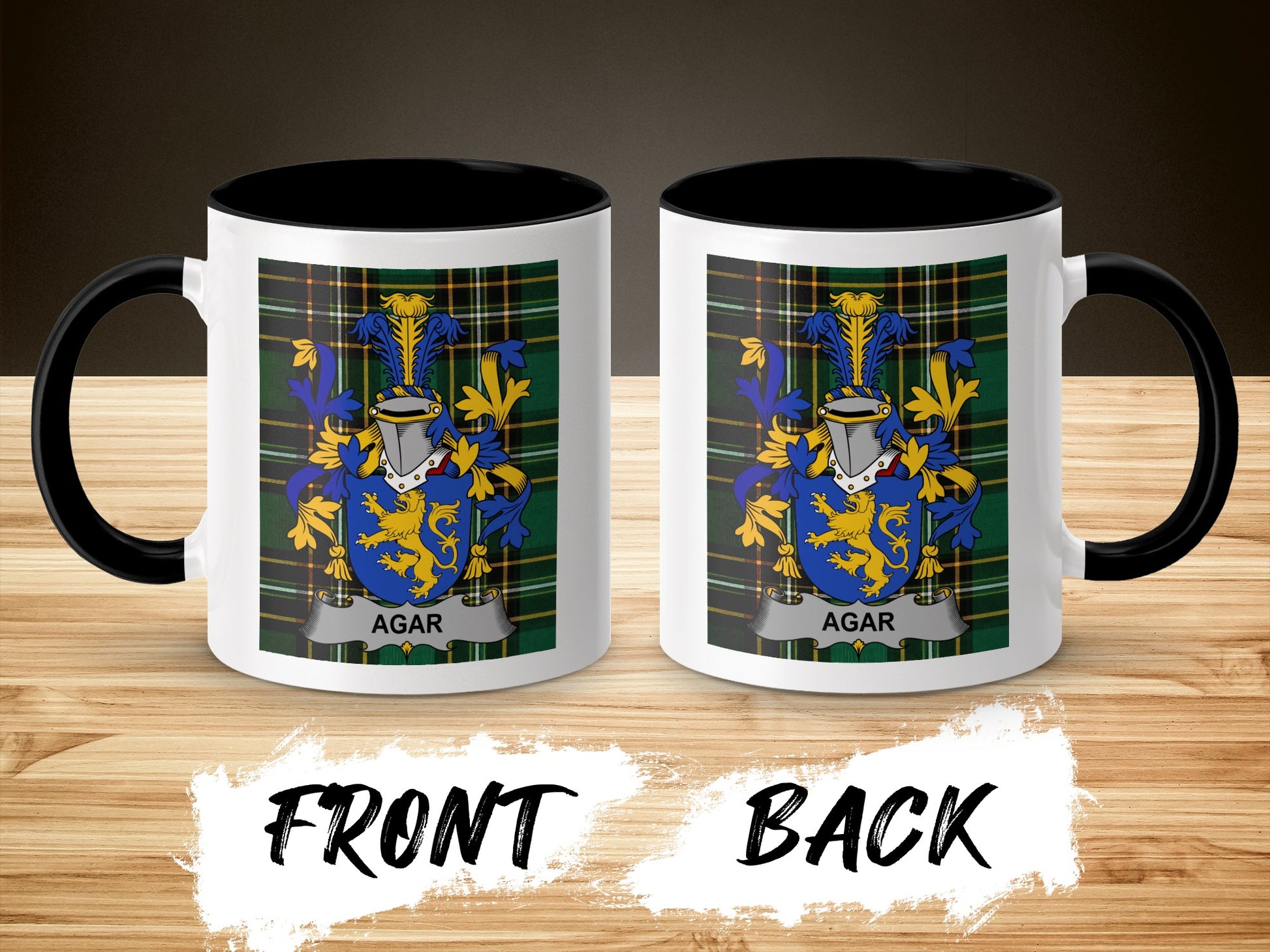 Mug with blue and gold crest on green plaid, text AGAR on front and back.