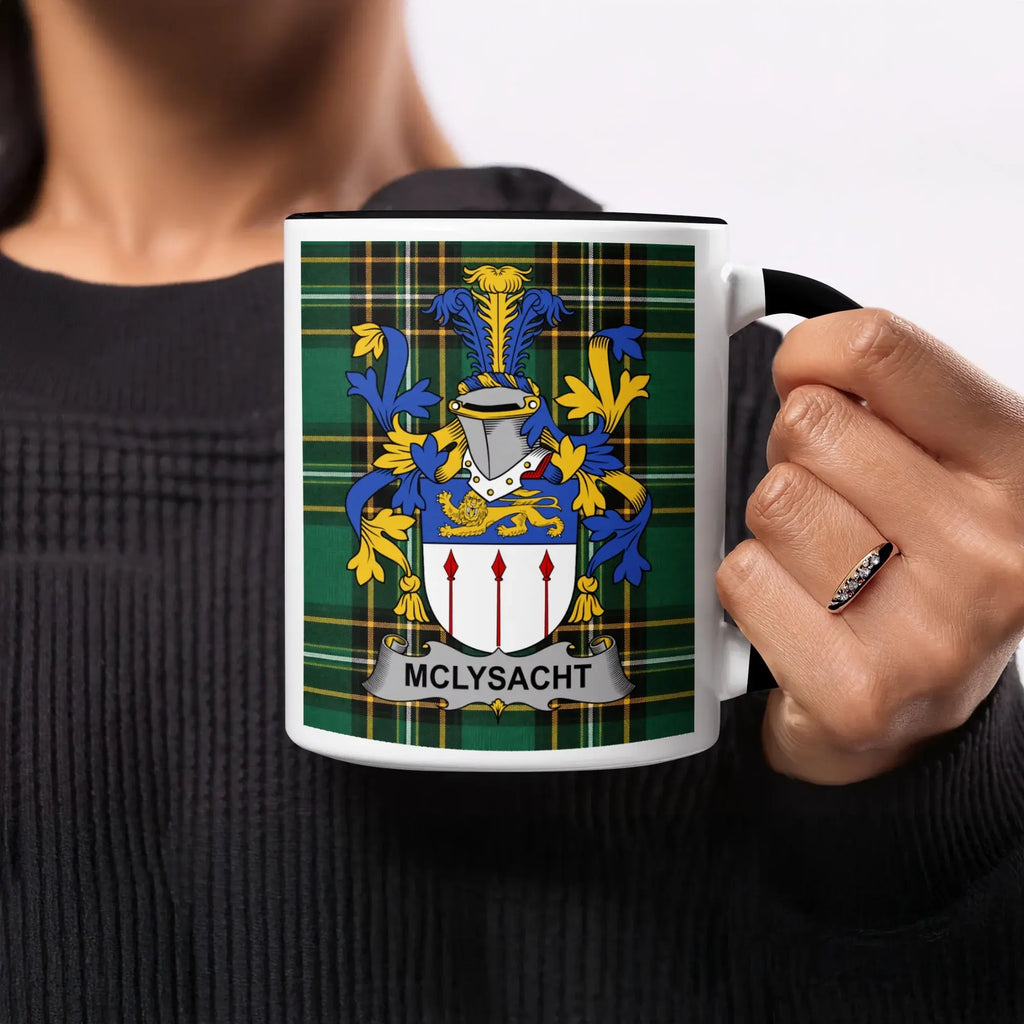 Mug with family crest featuring a shield, helmet, and the name "McLYSACHT".