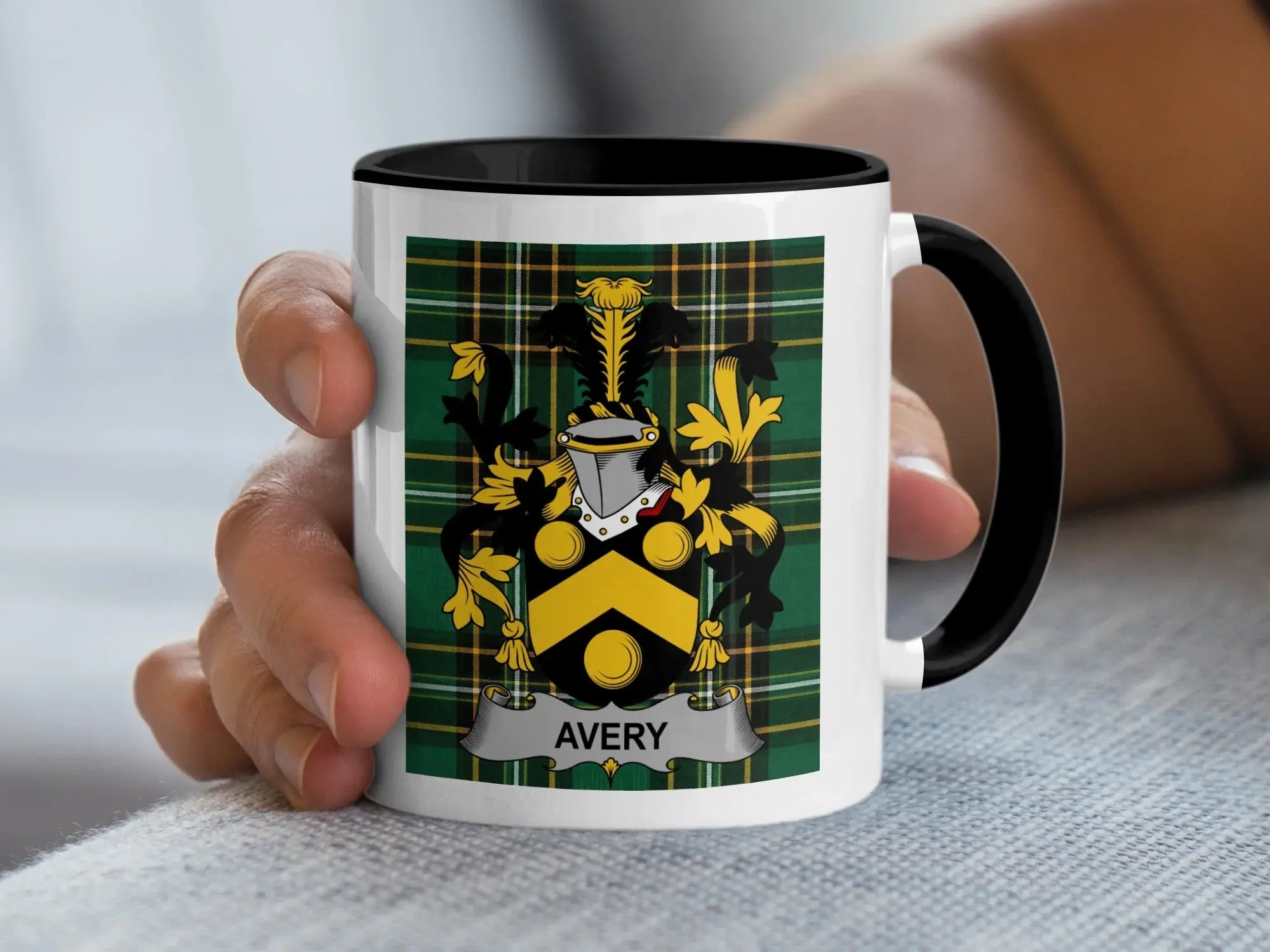 Avery Irish family crest ceramic mug with black handle on Irish National Tartan