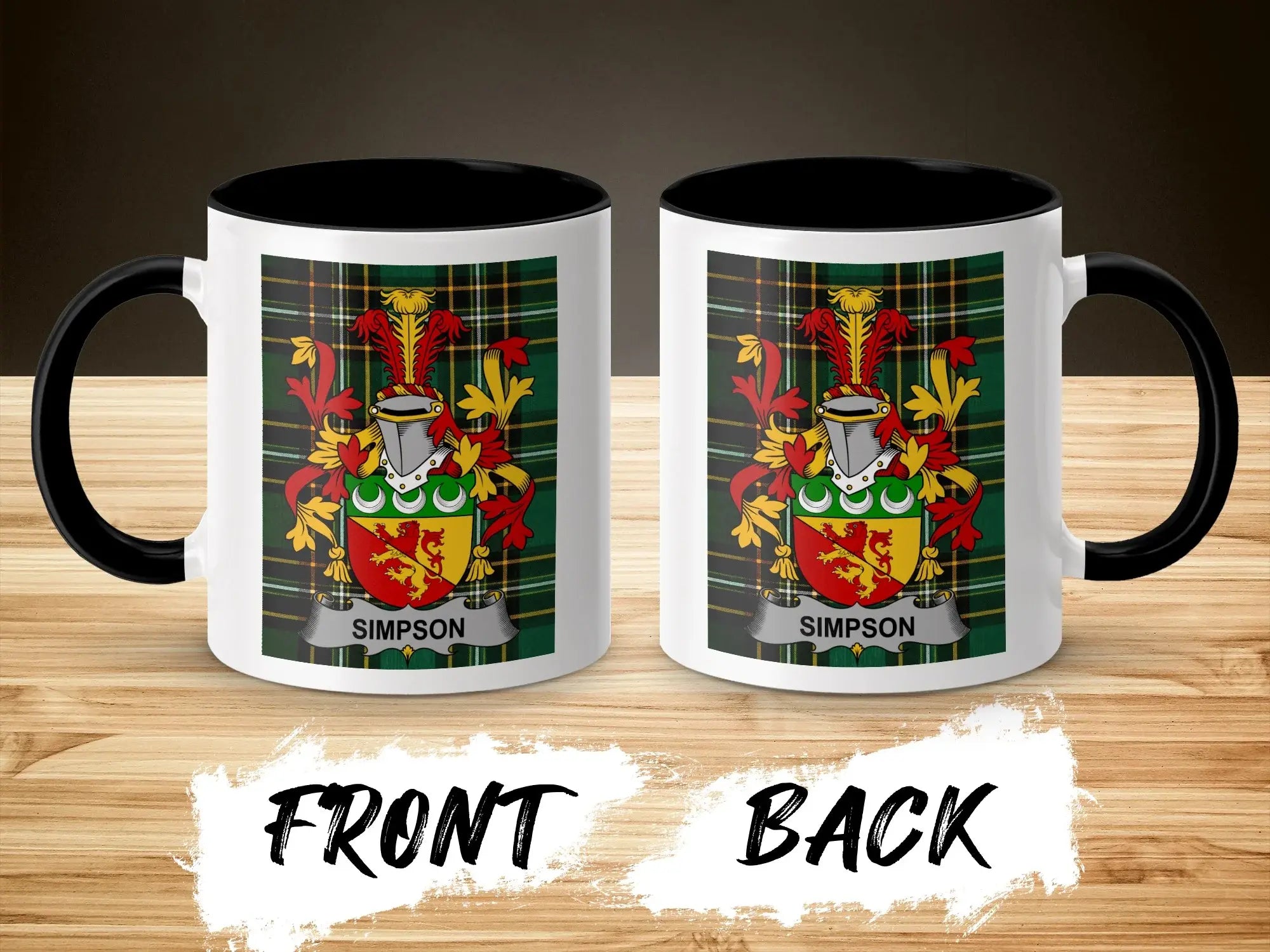 Simpson ceramic accent mug with black handle and surname crest on tartan