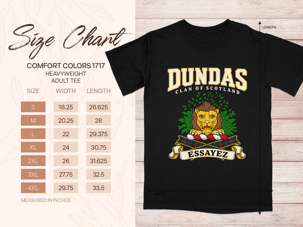 Dundas Comfort Colors 1717 T-shirt size chart with black shirt illustration