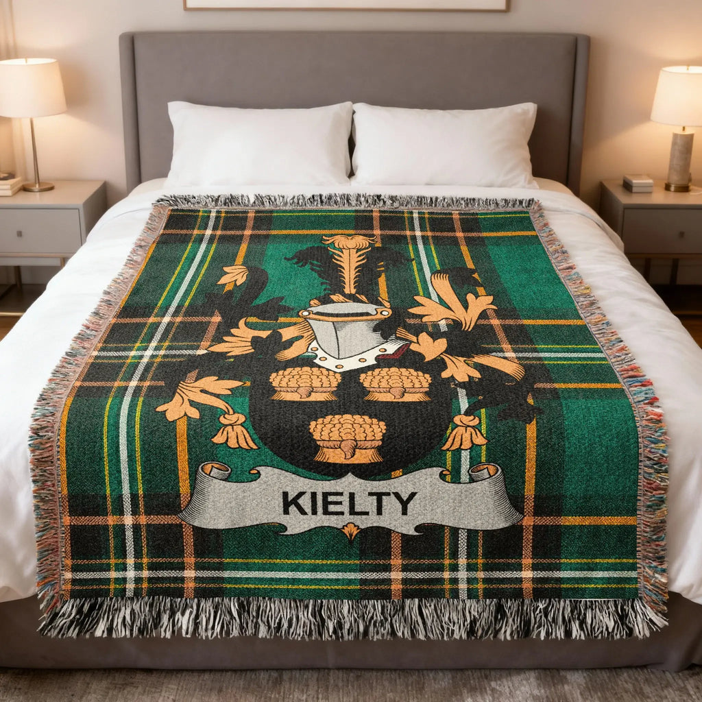 Kilty tartan throw blanket with the Kilty coat of arms.