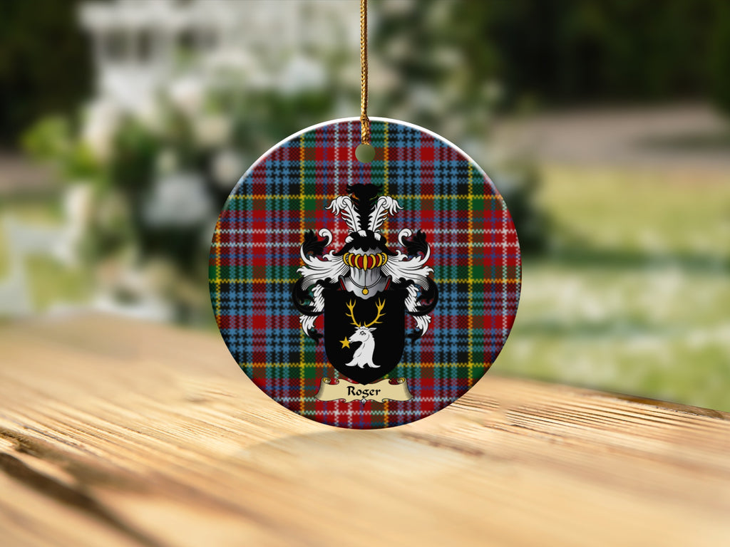 Round Roger Scottish clan ornament with family crest on a Caledonia tartan background