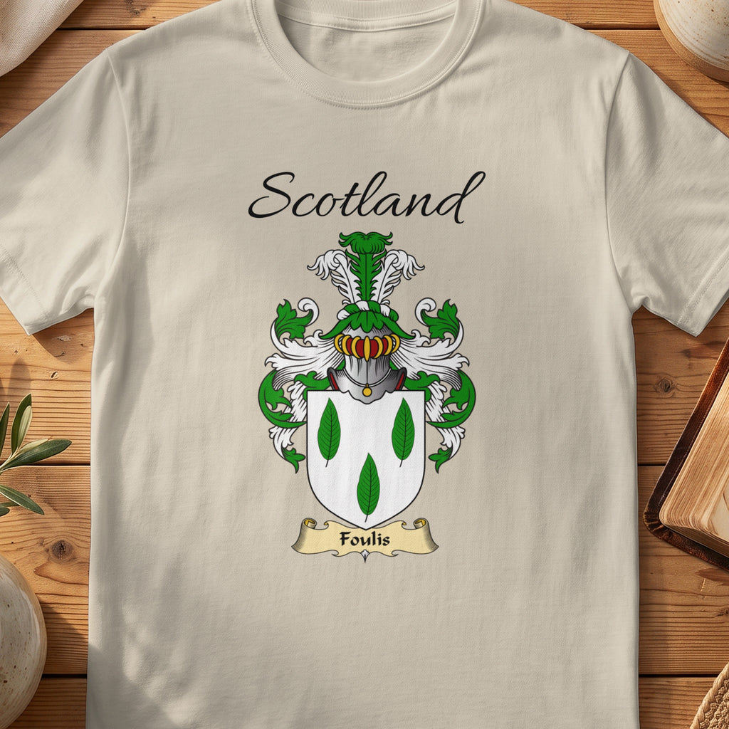 Sand Foulis Scottish family shield T-shirt featuring three green leaf shapes on white