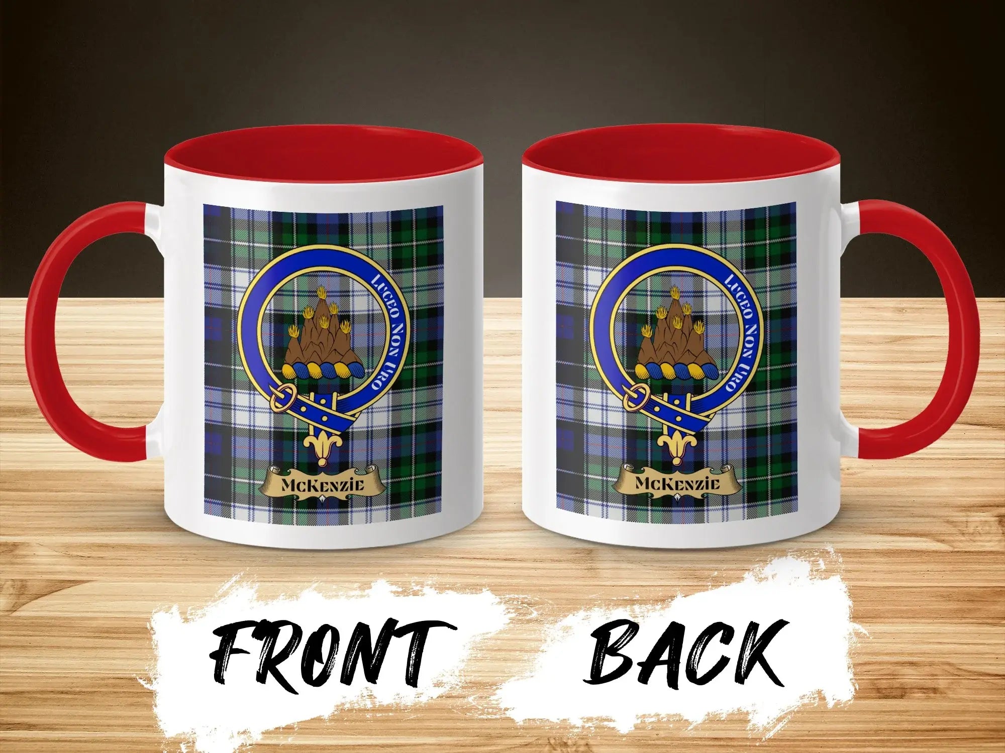 MacKenzie clan crest tartan mug with red inside and handle — 11oz glossy ceramic