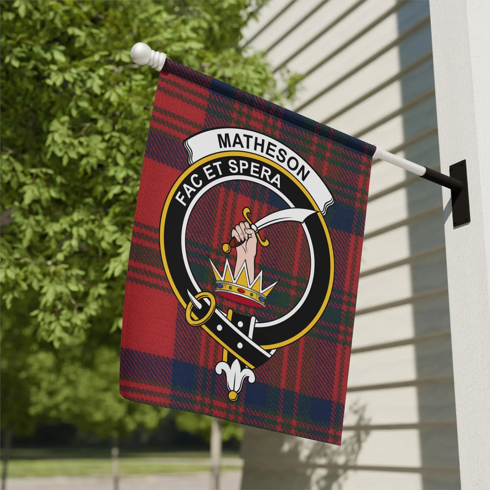 Clan Matheson tartan garden flag with hand-and-dagger crest — poly poplin-canvas outdoor display