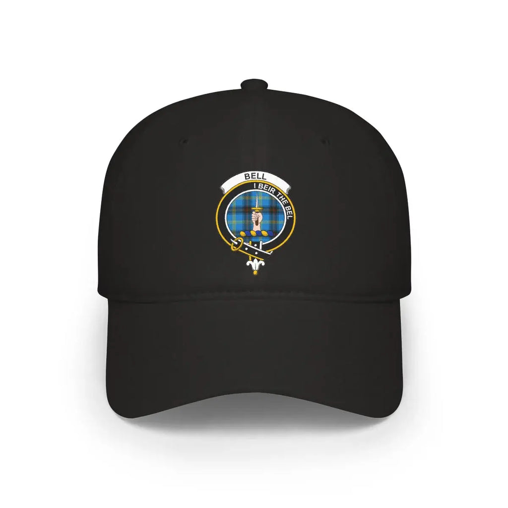 Clan Bell crest tartan baseball cap in black — I Beir the Bel design, 100% cotton Scottish heritage hat