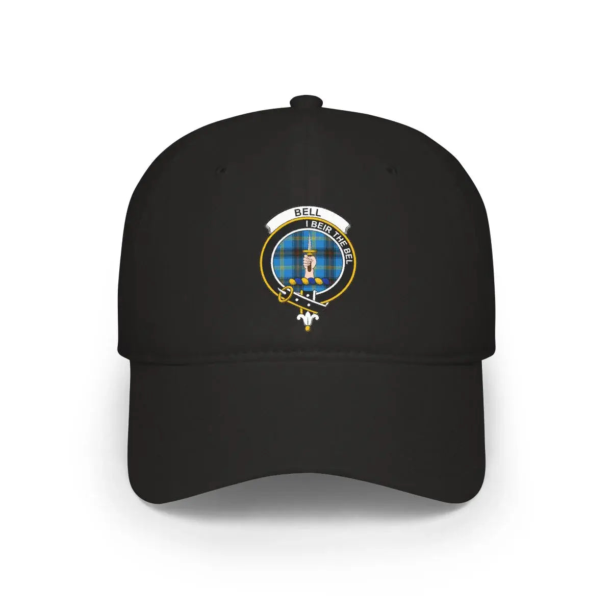Clan Bell crest tartan baseball cap in black — I Beir the Bel design, 100% cotton Scottish heritage hat
