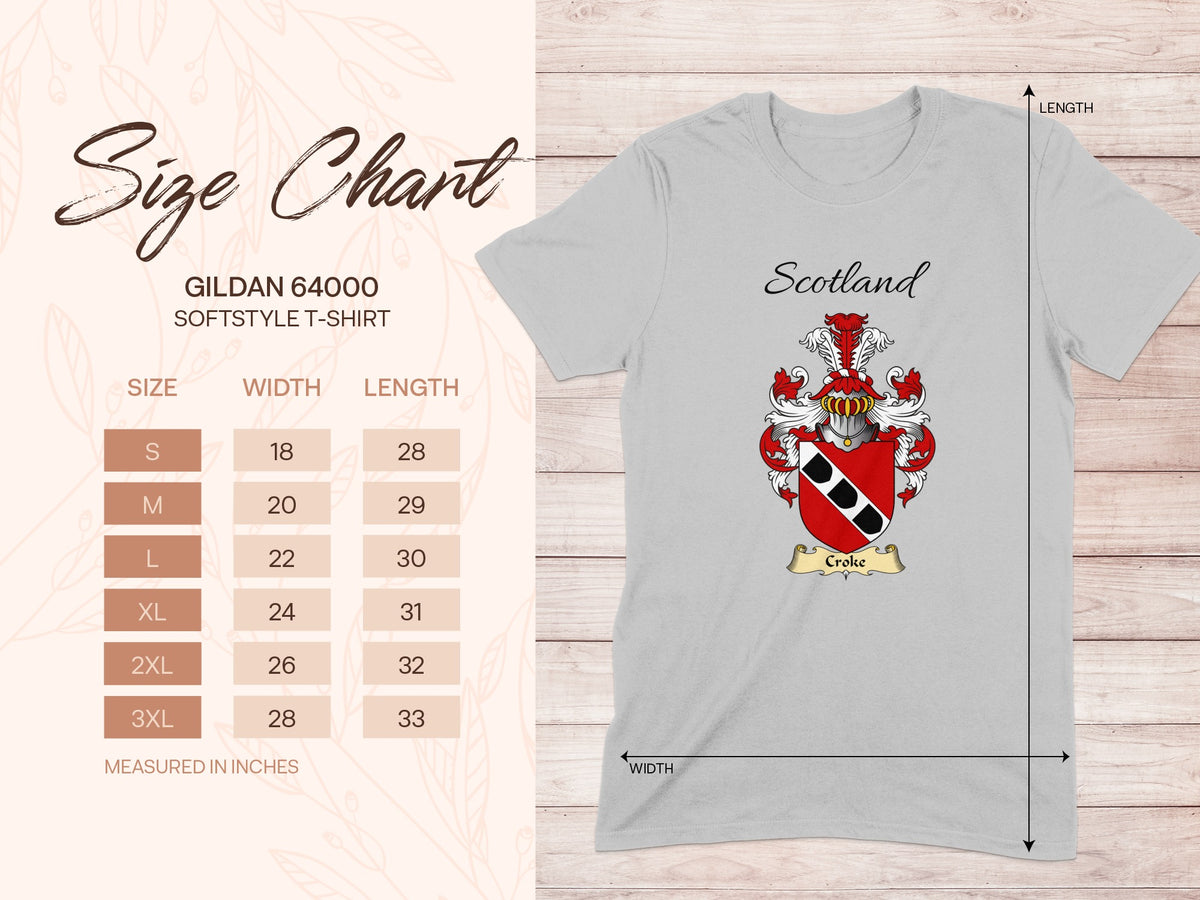 Gildan 64000 size chart for the Croke unisex T-shirt, sizes S to 3XL