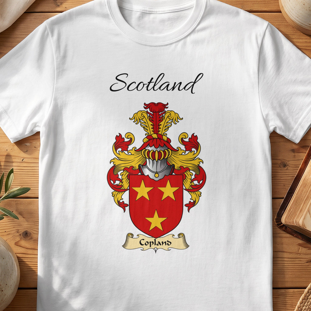 White Copland Scottish family shield T-shirt featuring three gold stars on red