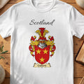 White Copland Scottish family shield T-shirt featuring three gold stars on red