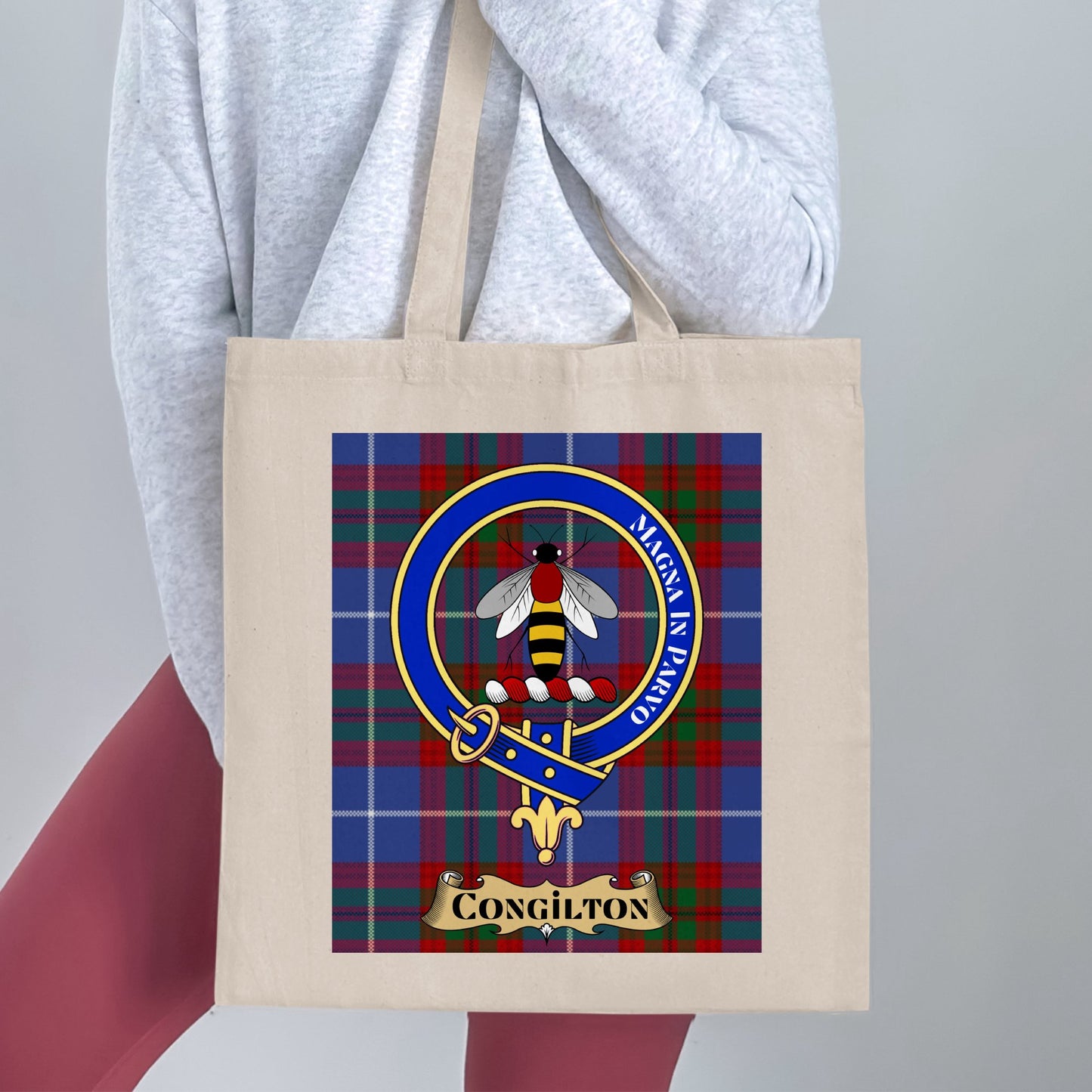 Congilton Crest on Scottish Tartan Background Tote Bag - Living Stone Gifts