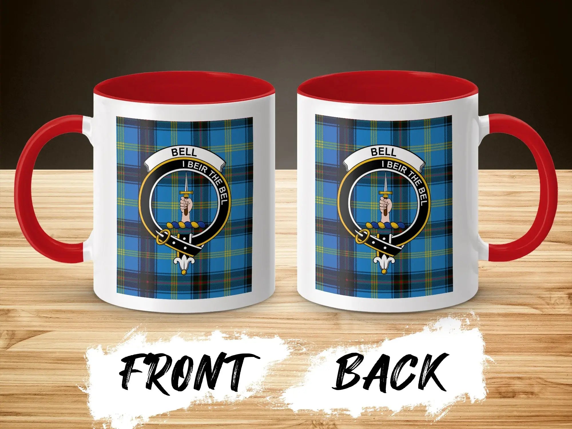 Bell clan tartan crest printed mug — glossy ceramic, 11oz with red handle, Scottish heritage design