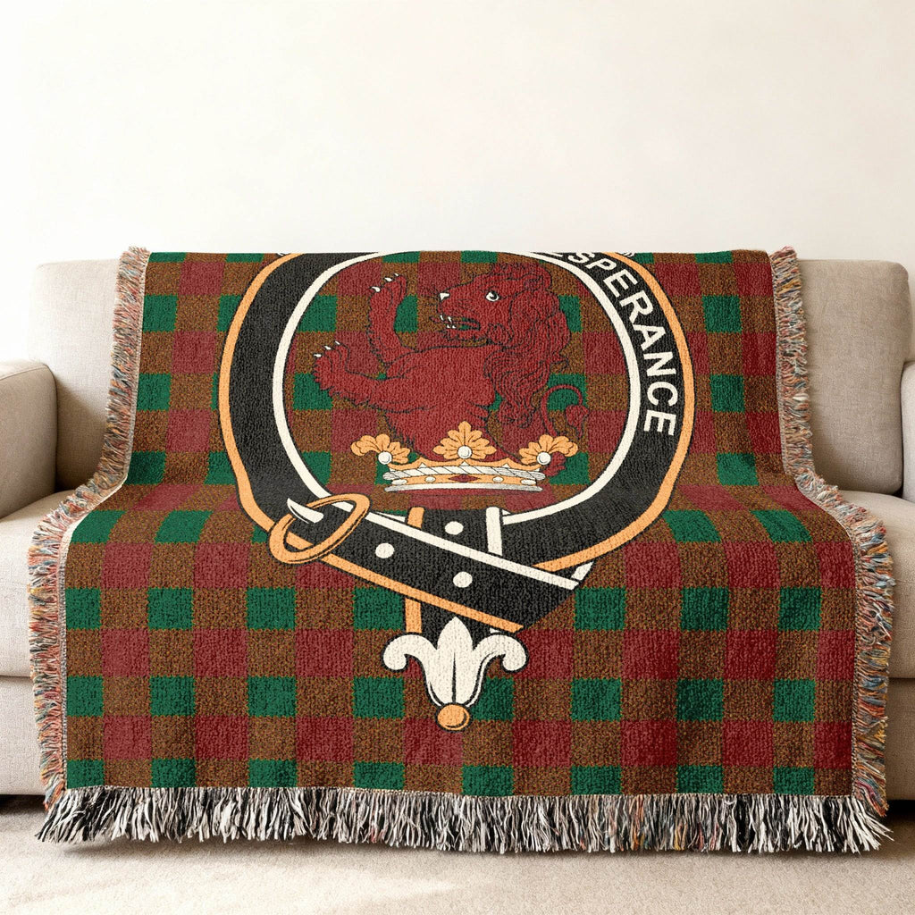 Moncreiffe clan tartan woven blanket draped — Sur Esperance red lion crest on cotton throw