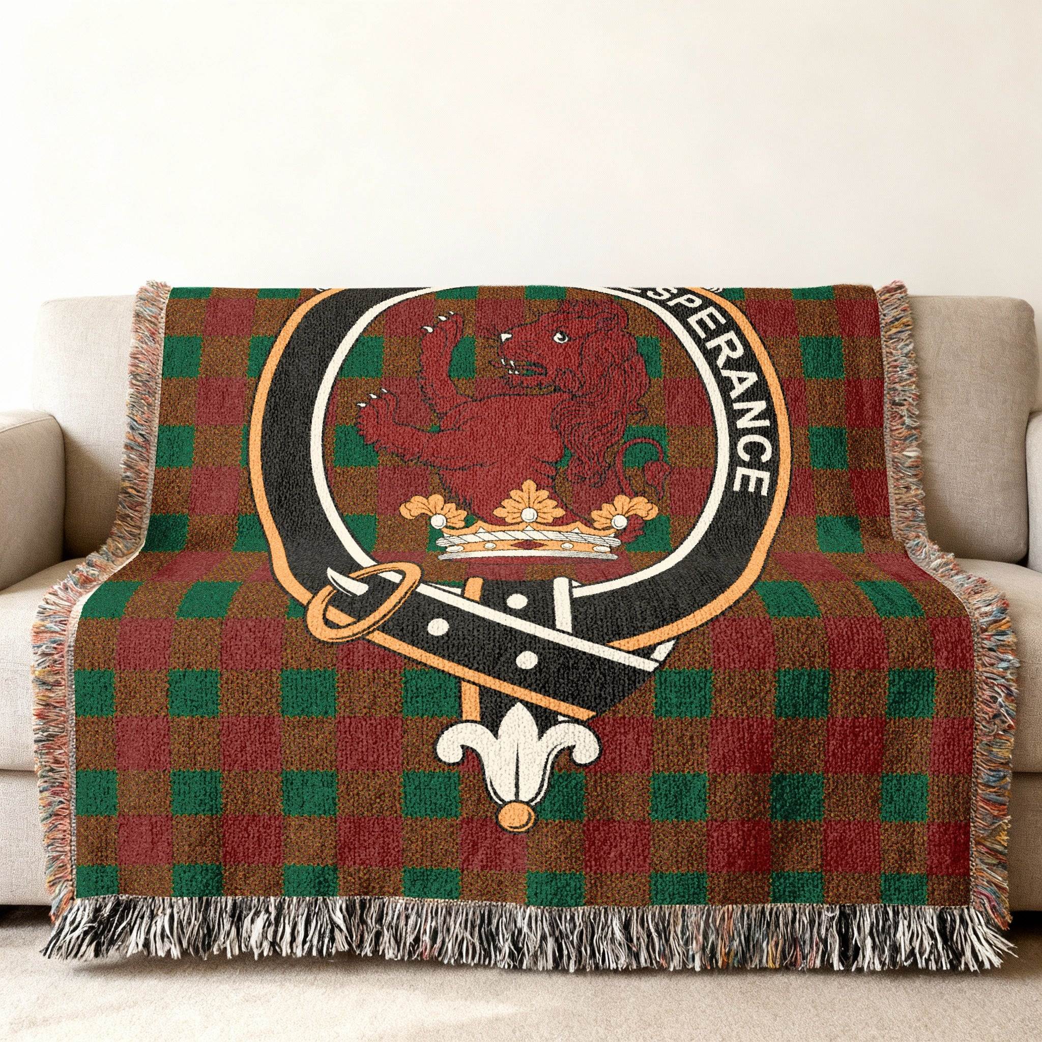 Moncreiffe clan tartan woven blanket draped — Sur Esperance red lion crest on cotton throw
